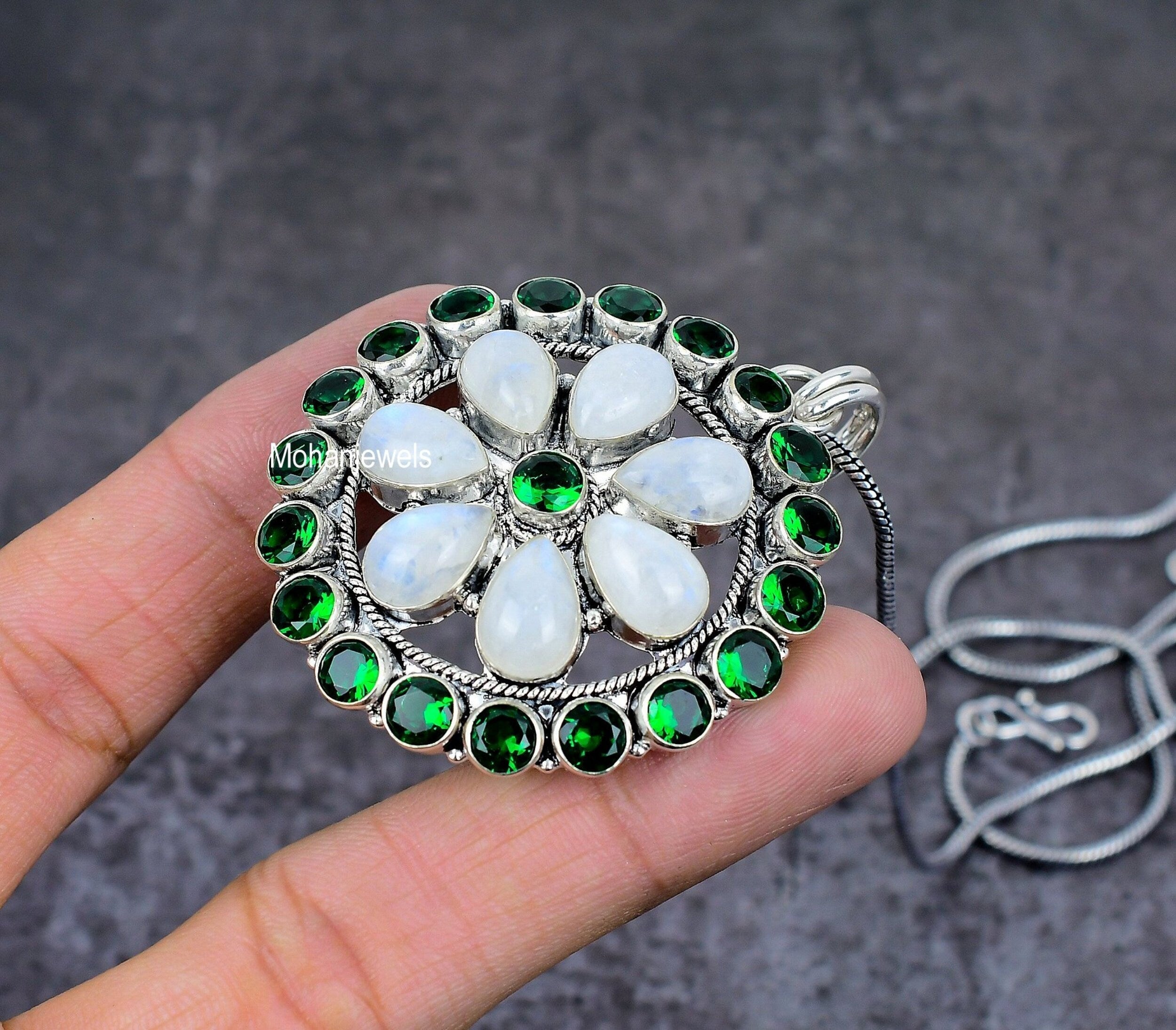 Moonstone & Diopside Pendant Handmade Gemstone Silver Plated Pendant Boho Jewelry Healing Stone Jewelry Flower Pendant For Anniversary Gift