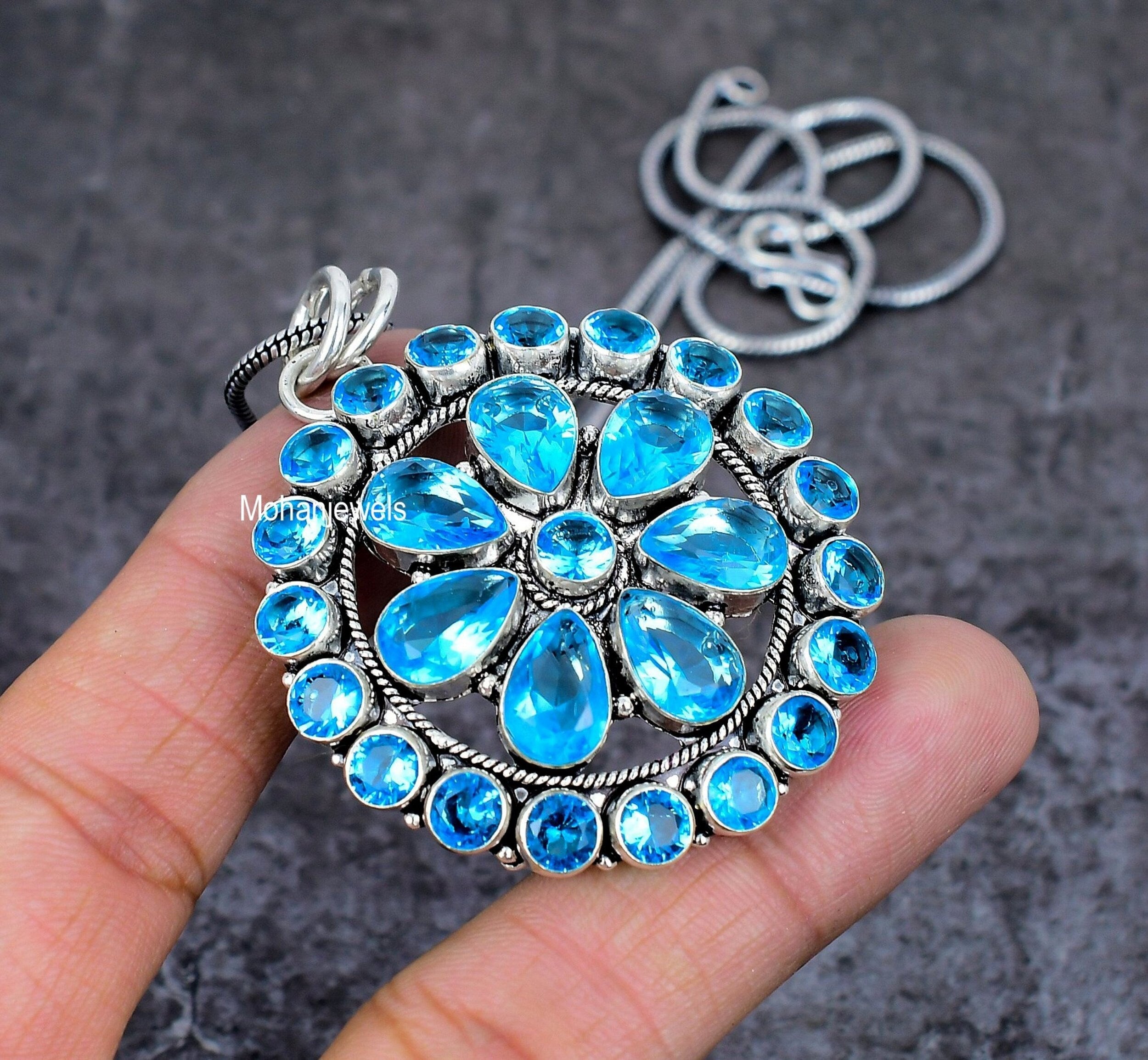 Blue Topaz Pendant Handmade Gemstone Silver Pendant Flower Pendant Wedding Jewelry Gifts Stackable Jewelry Floral Pendant Gift For Her