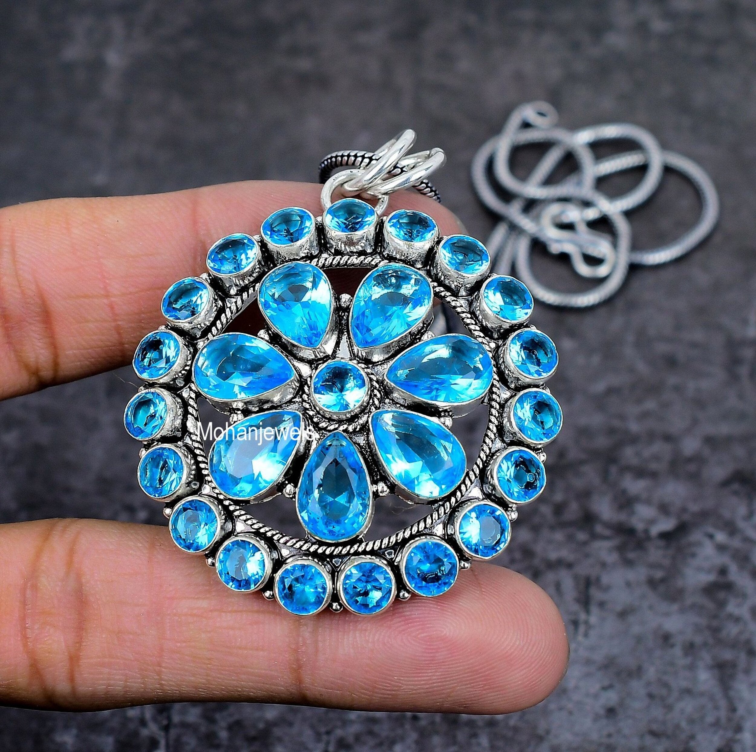 Blue Topaz Pendant Handmade Gemstone Silver Pendant Flower Pendant Wedding Jewelry Gifts Stackable Jewelry Floral Pendant Gift For Her