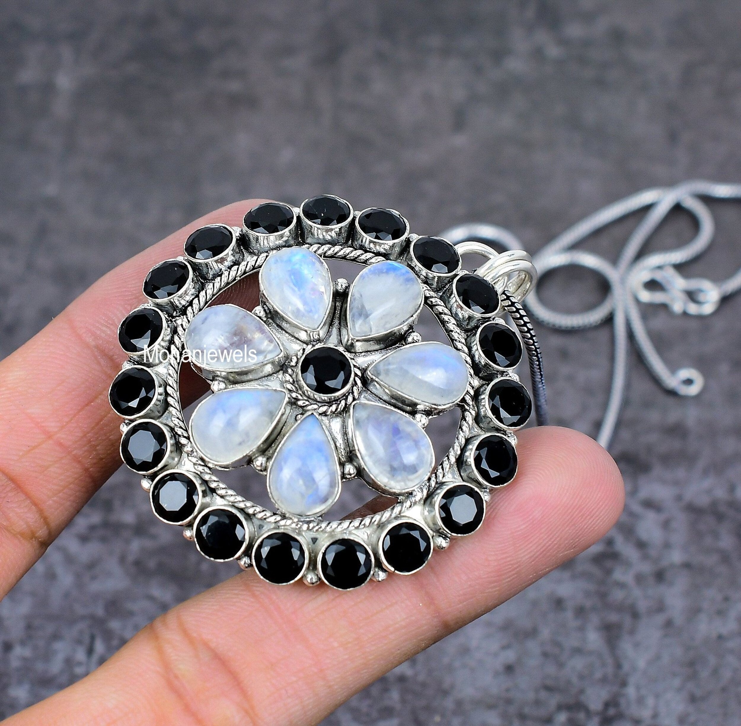 Moonstone & Black Onyx Pendant Handmade Gemstone Silver Plated Flower Pendant Healing Crystals Statement Jewelry Pendant For Wedding Gift