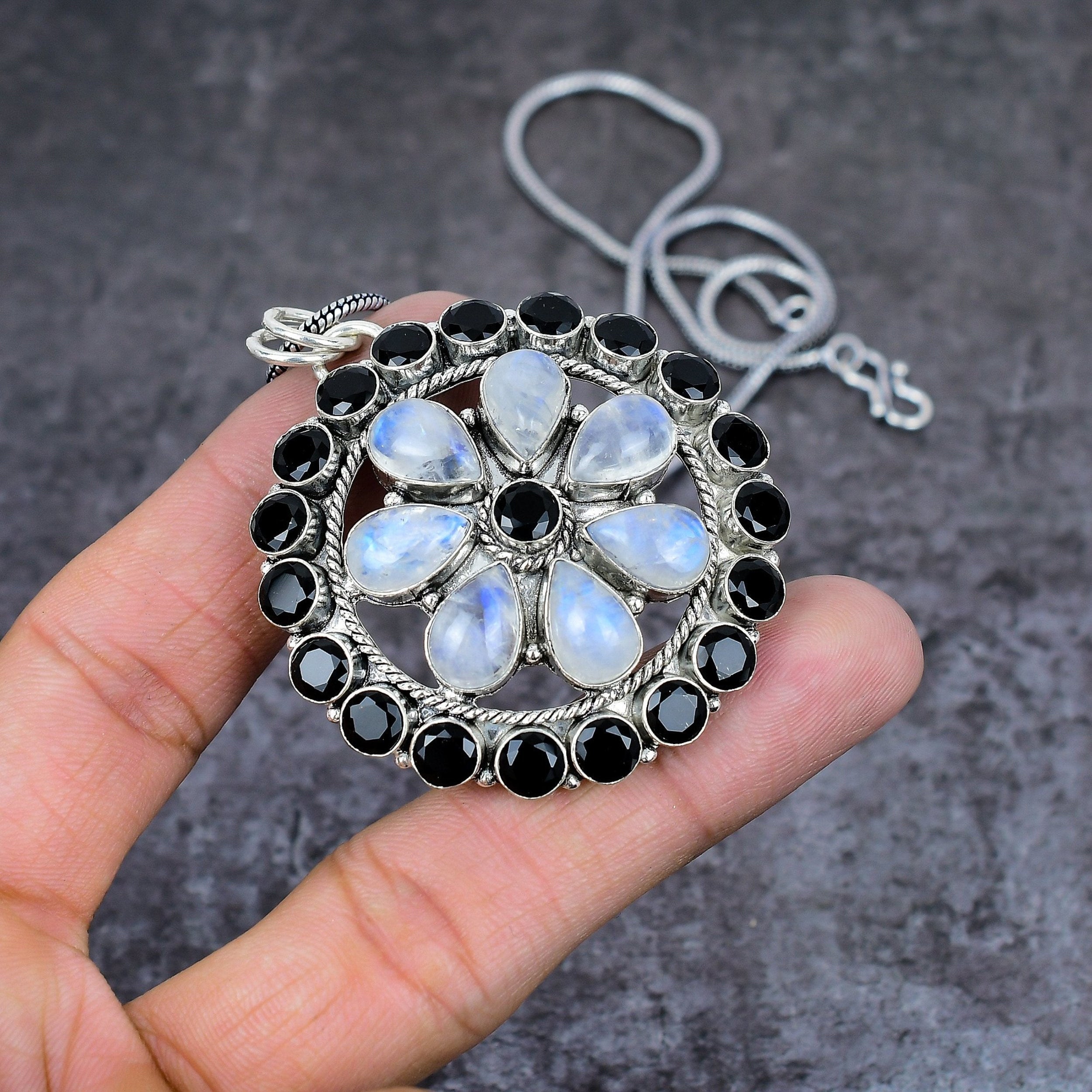 Moonstone & Black Onyx Pendant Handmade Gemstone Silver Plated Flower Pendant Healing Crystals Statement Jewelry Pendant For Wedding Gift