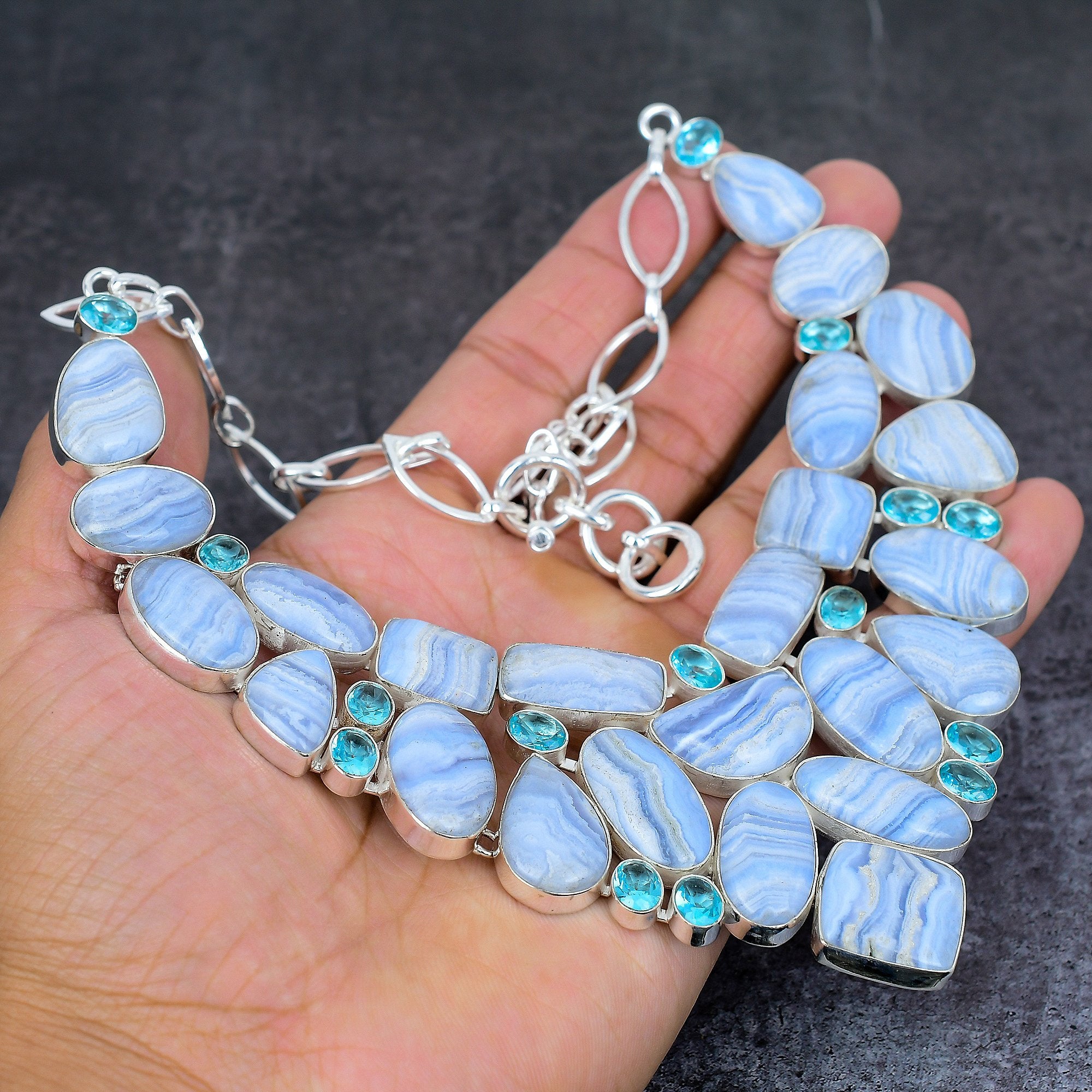 Blue Lace Agate Necklace, Blue Lace Agate & Blue Topaz Silver Plated Necklace, Designer Necklace, Handmade Women's Jewelry, Anniversary Gift