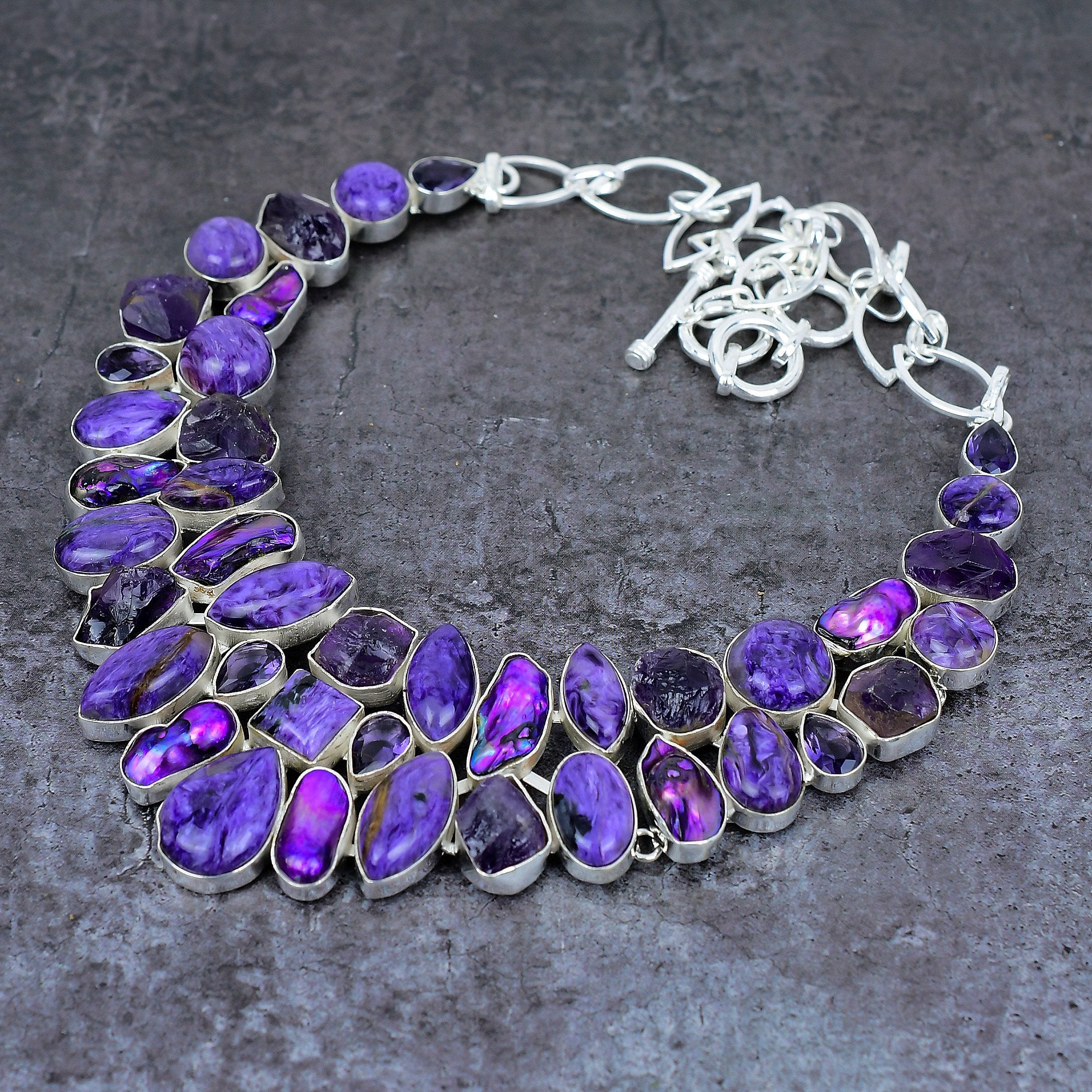 Charoite Amethyst Rough Biwa Pearl Silver Plated Necklace, Unique Designer Necklace, Statement Necklace, Healing Crystals, Bridesmaid Gift