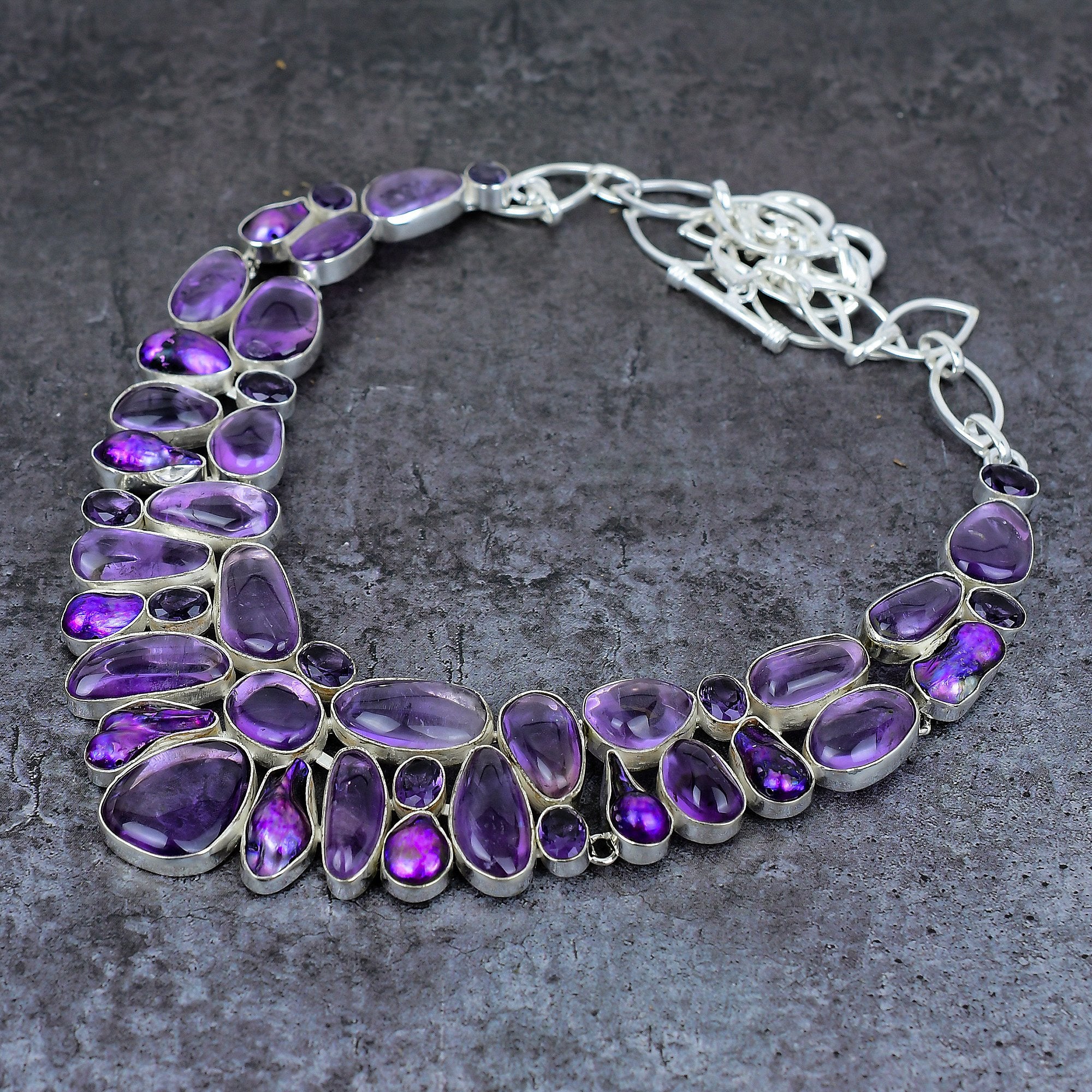 Amethyst Necklace, Amethyst & Biwa Pearl Silver Plated Necklace, Unique Designer Necklace, Birthstone Jewelry, Healing Stone, Gift For Her