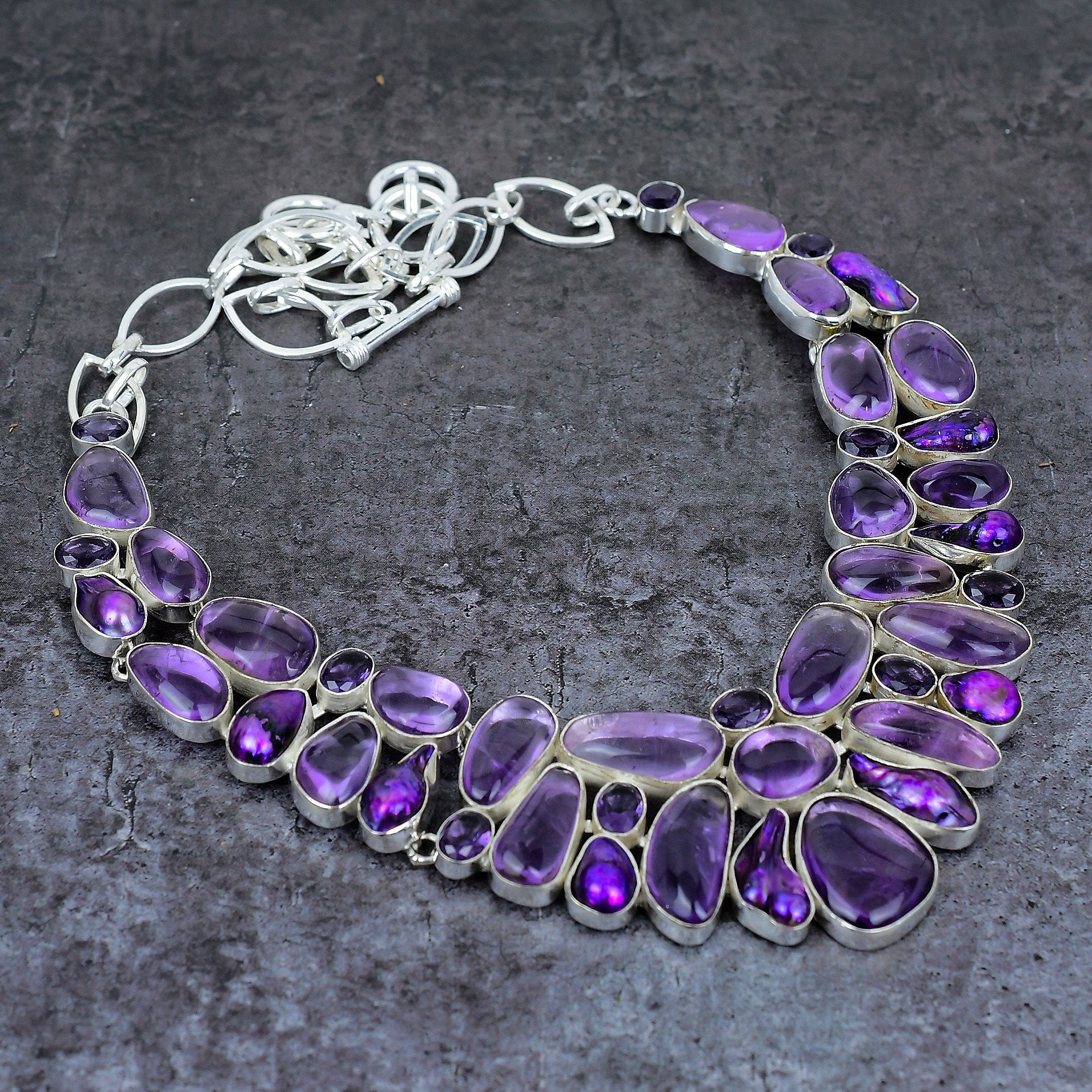 Amethyst Necklace, Amethyst & Biwa Pearl Silver Plated Necklace, Unique Designer Necklace, Birthstone Jewelry, Healing Stone, Gift For Her