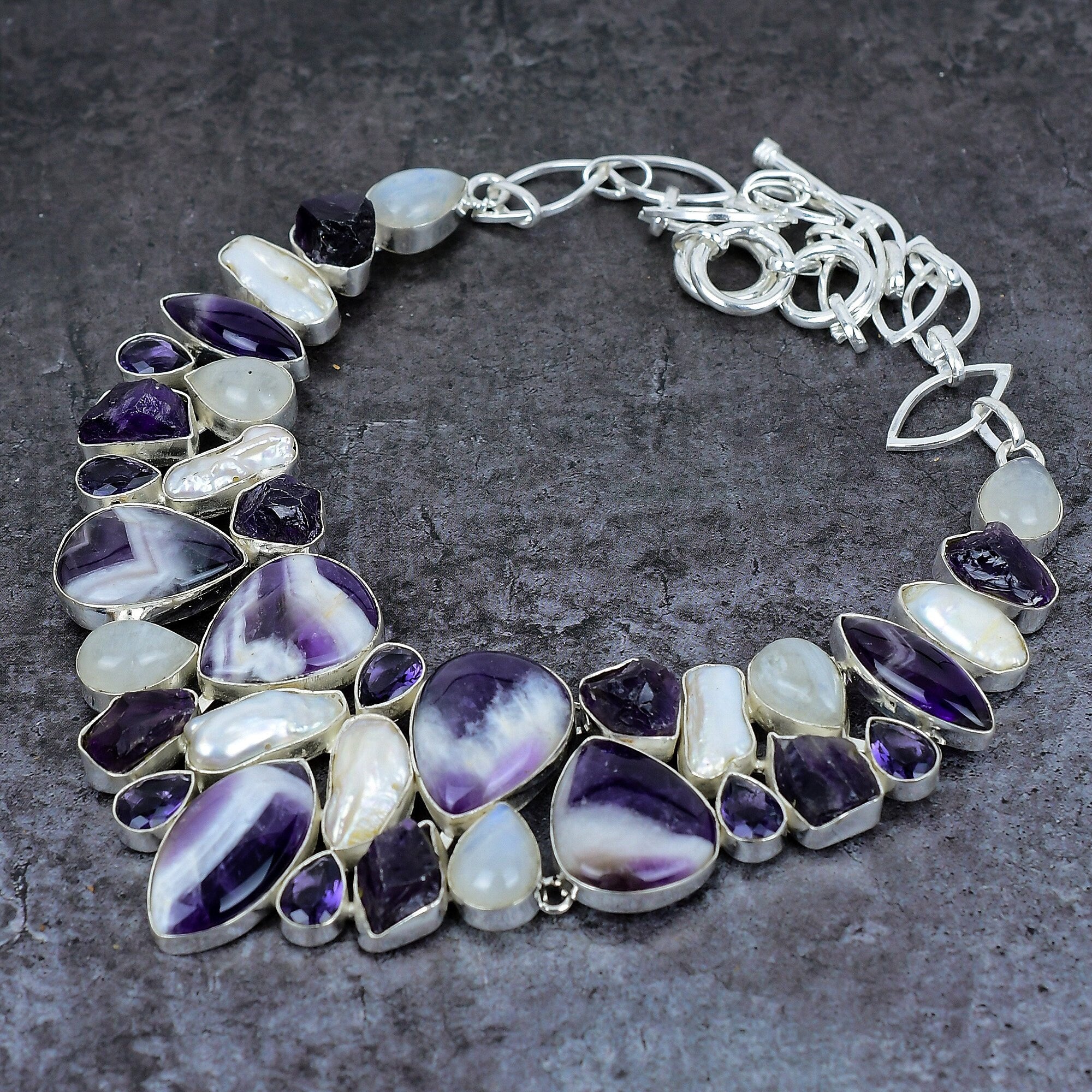 Amethyst Lace Agate Moonstone Raw Amethyst Biwa Pearl Silver Plated Necklace, Statement Necklace, Boho Jewelry, Unique Jewelry, Gift For Her