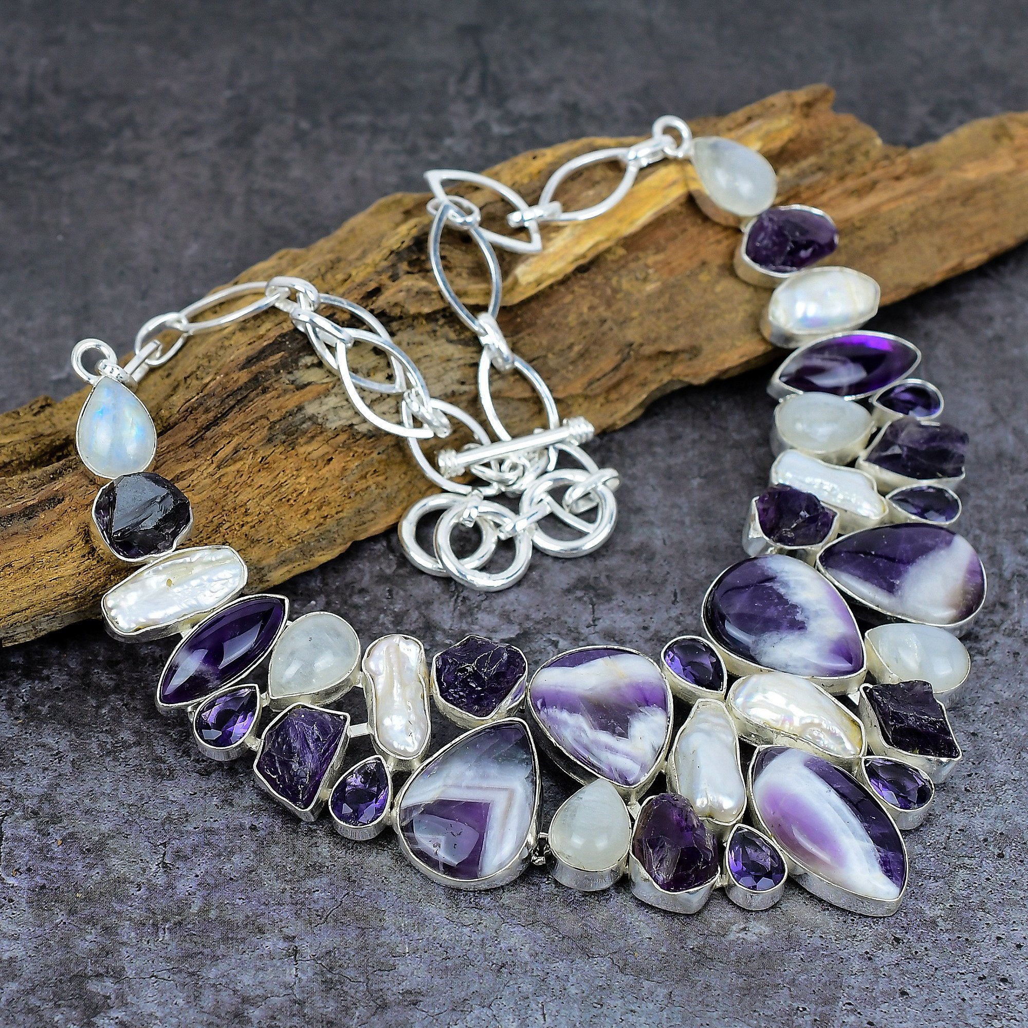 Amethyst Lace Agate Moonstone Raw Amethyst Biwa Pearl Silver Plated Necklace, Statement Necklace, Boho Jewelry, Unique Jewelry, Gift For Her