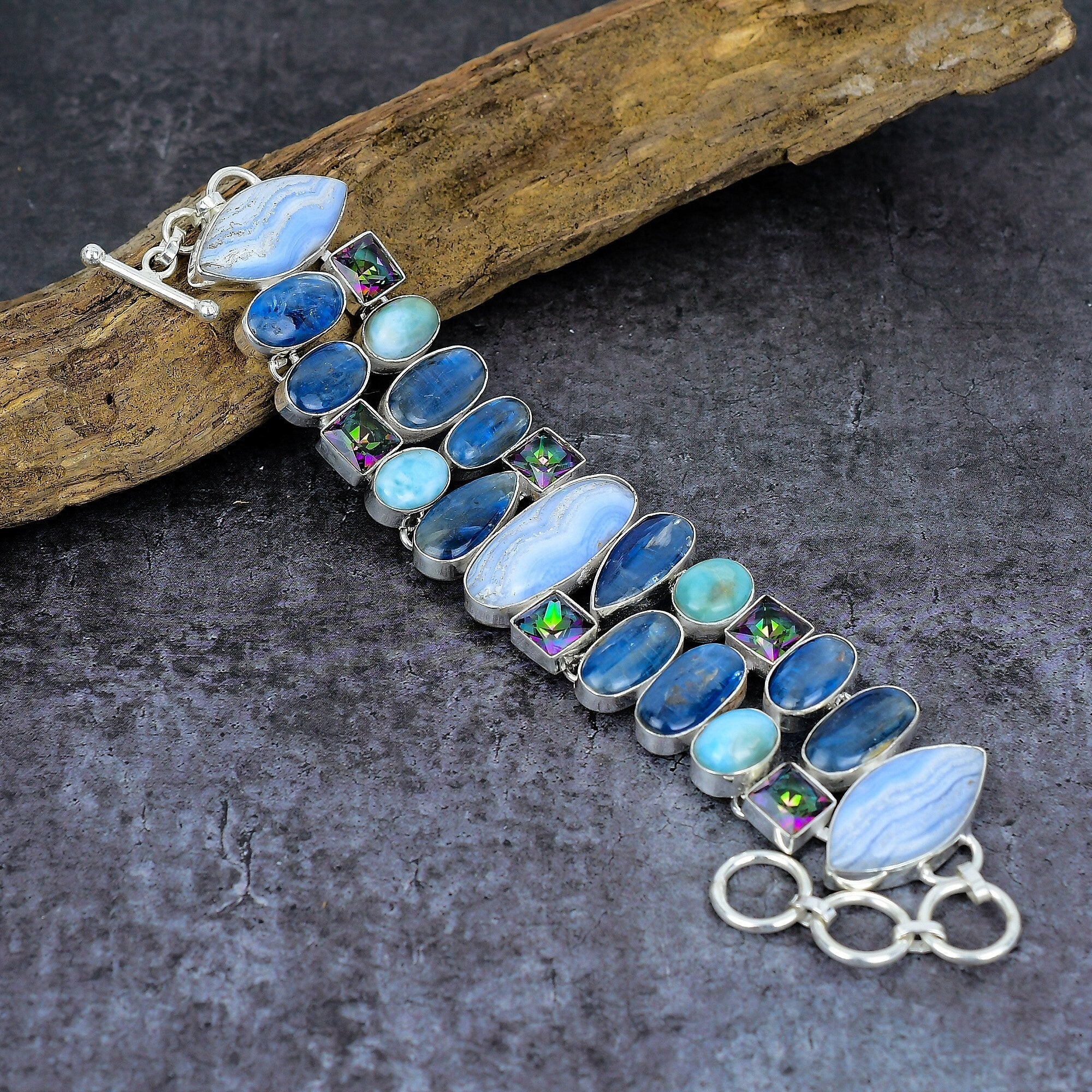 Blue Lace Agate Kyanite Larimar Mystic Topaz Silver Plated Bracelet, Handmade Bracelet, Bohemian Jewelry, Healing Stone, Gift For Her