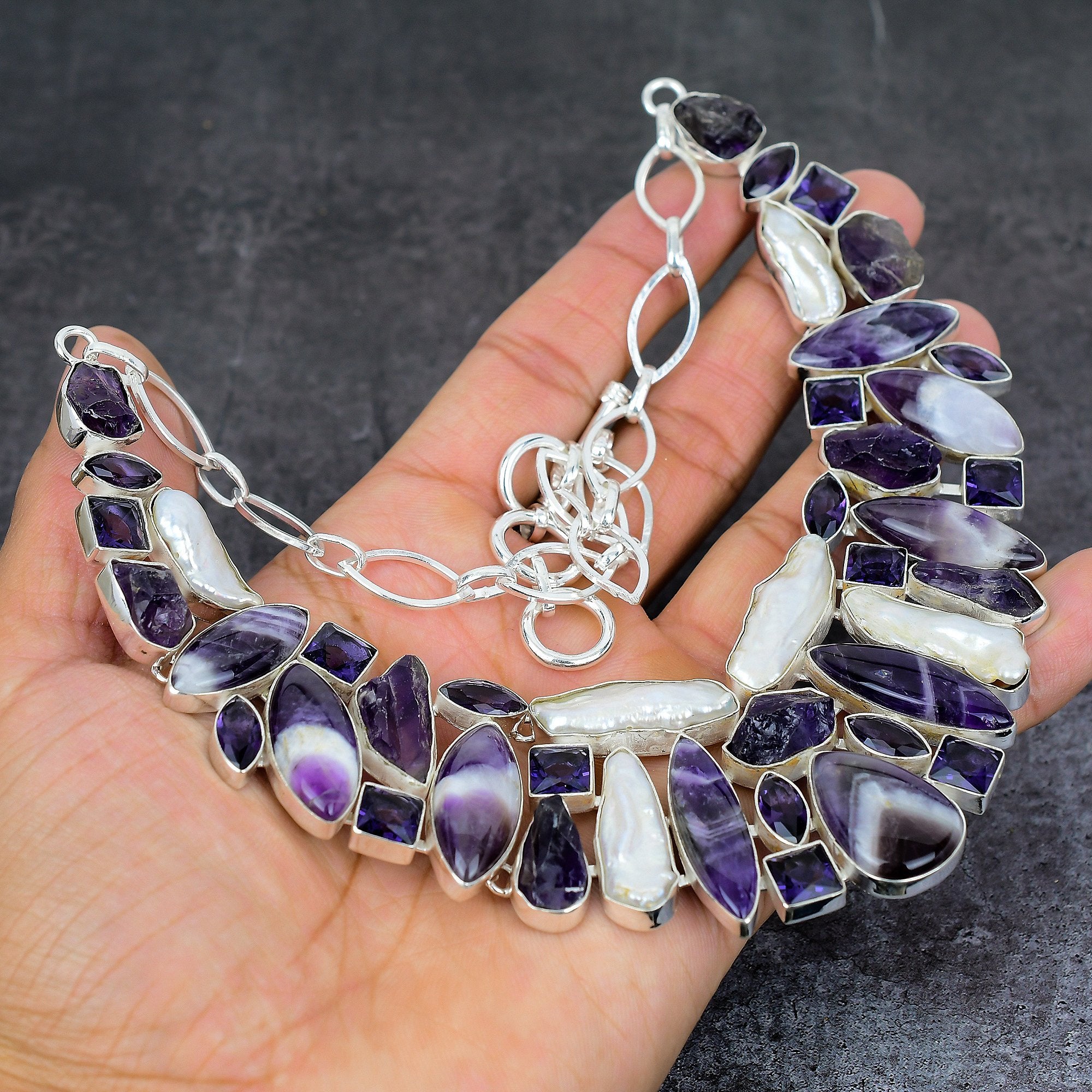 Amethyst Lace Agate Biwa Pearl Amethyst Rough Silver Plated Necklace, Designer Necklace, Birthstone Jewelry, Statement Jewelry, Gift For Her