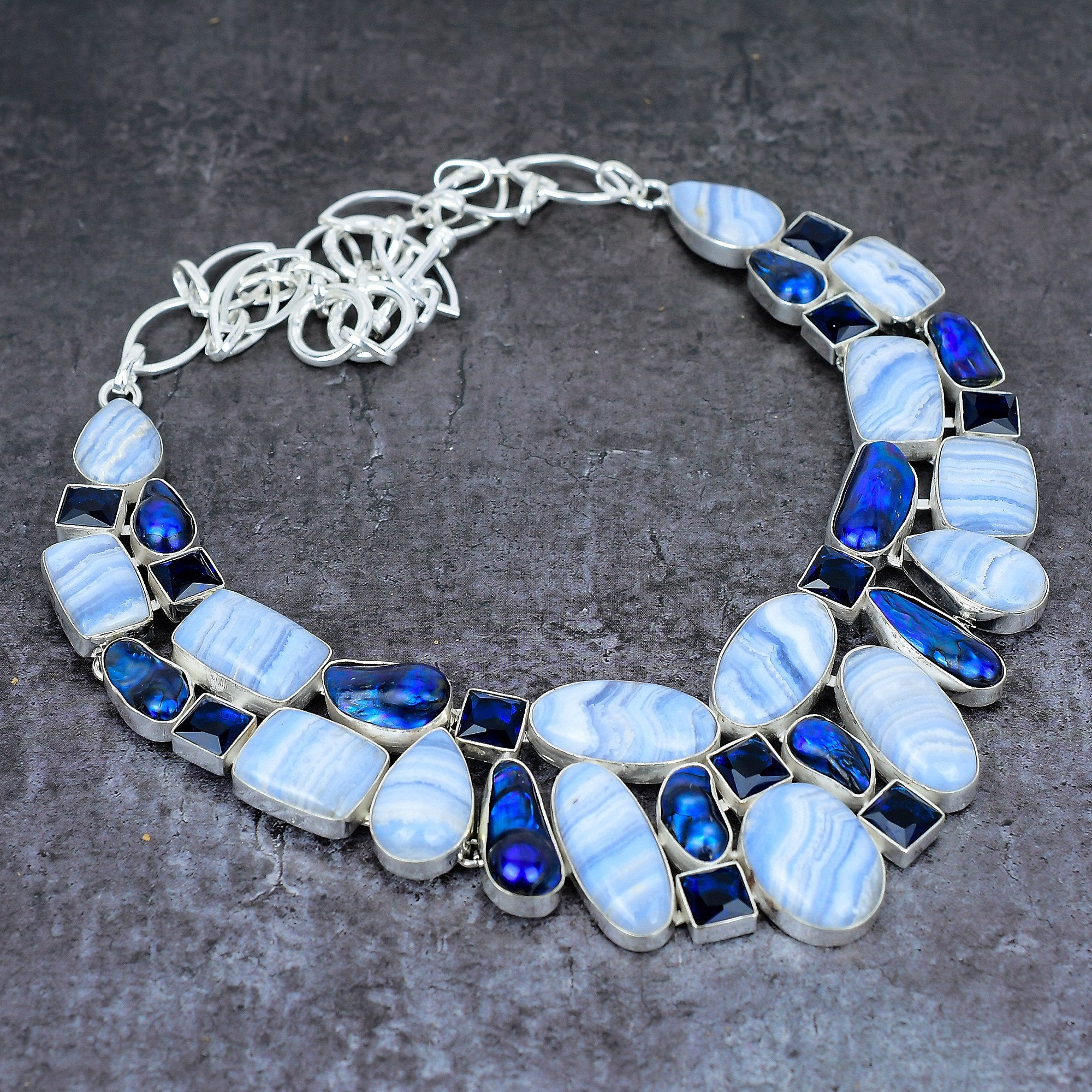 Blue Lace Agate Biwa Pearl Sapphire Silver Plated Necklace, Designer Necklace, Handmade Jewelry, Fashion Jewelry For Women, Gift For Her