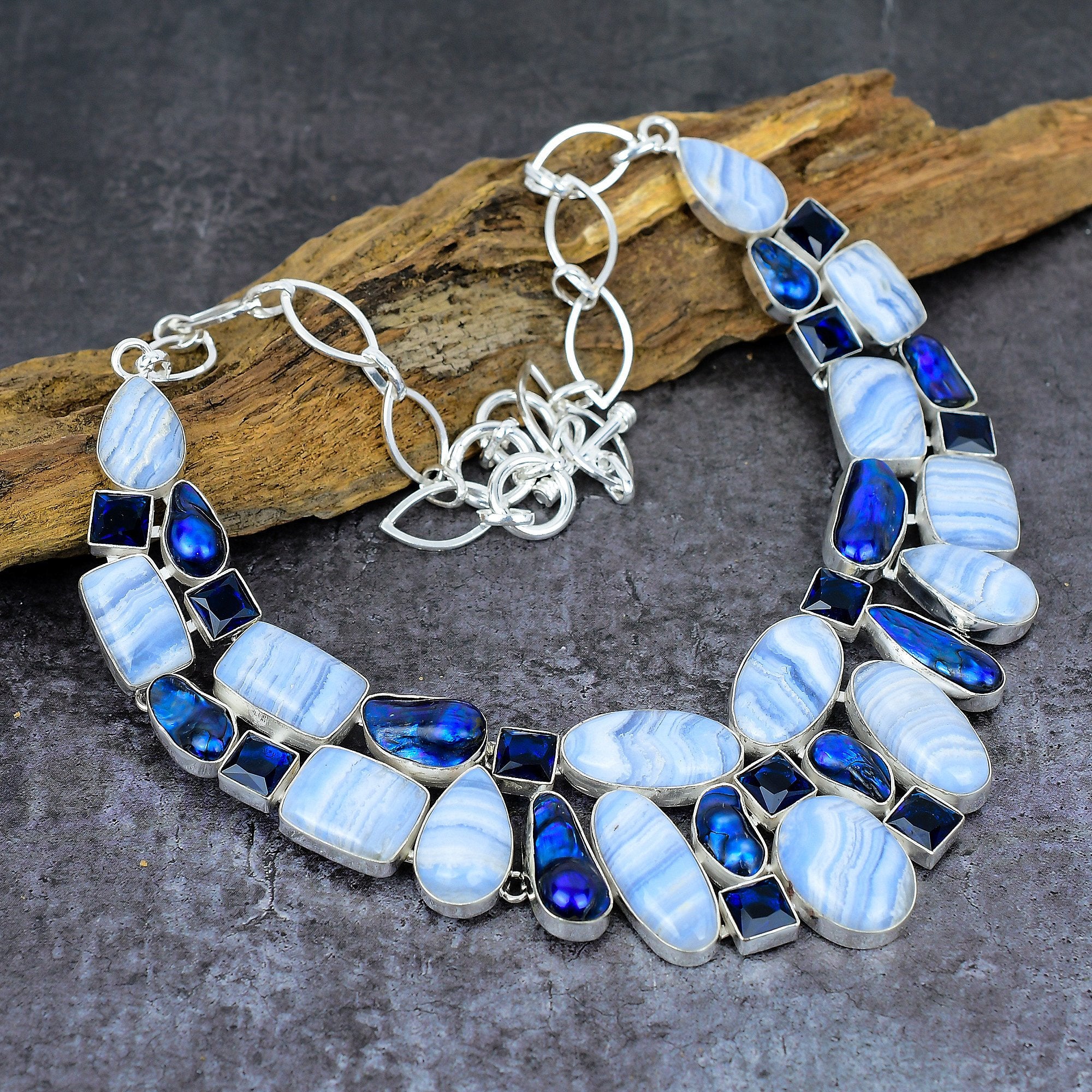 Blue Lace Agate Biwa Pearl Sapphire Silver Plated Necklace, Designer Necklace, Handmade Jewelry, Fashion Jewelry For Women, Gift For Her