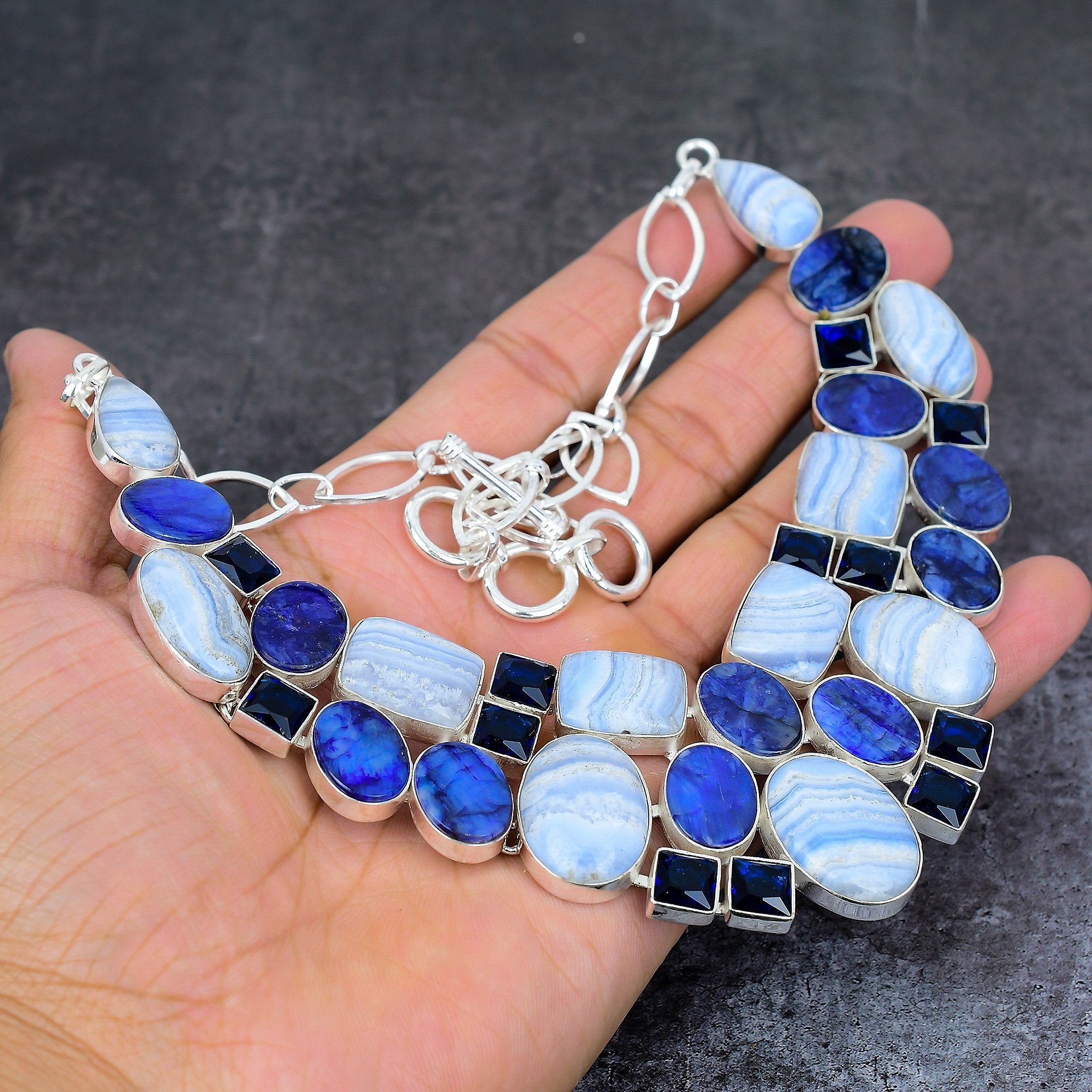 Blue Lace Agate & Sapphire Necklace, Handmade Gemstone Silver Plated Necklace, Statement Necklace, Jewelry For Women, Birthday Gift For Her