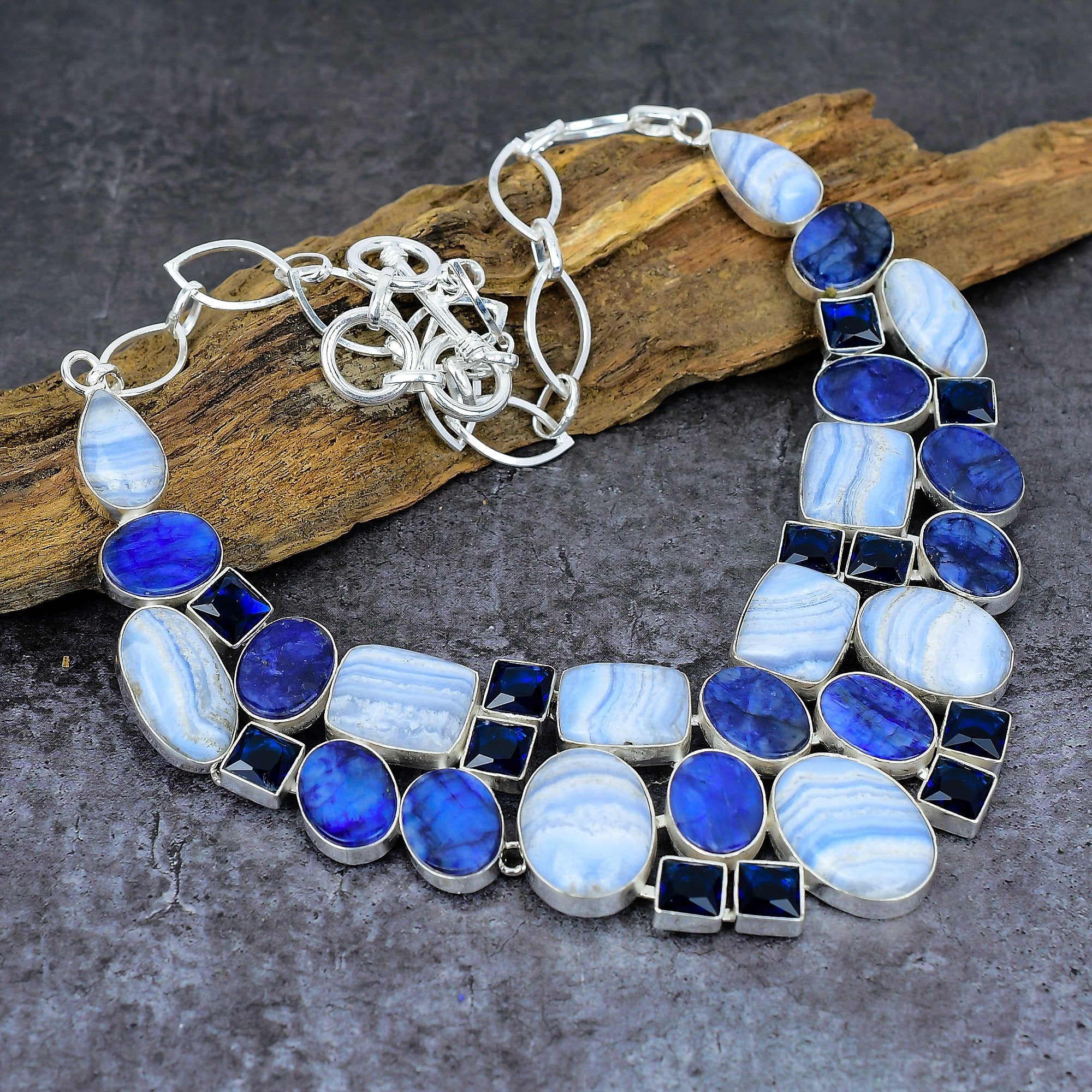 Blue Lace Agate & Sapphire Necklace, Handmade Gemstone Silver Plated Necklace, Statement Necklace, Jewelry For Women, Birthday Gift For Her