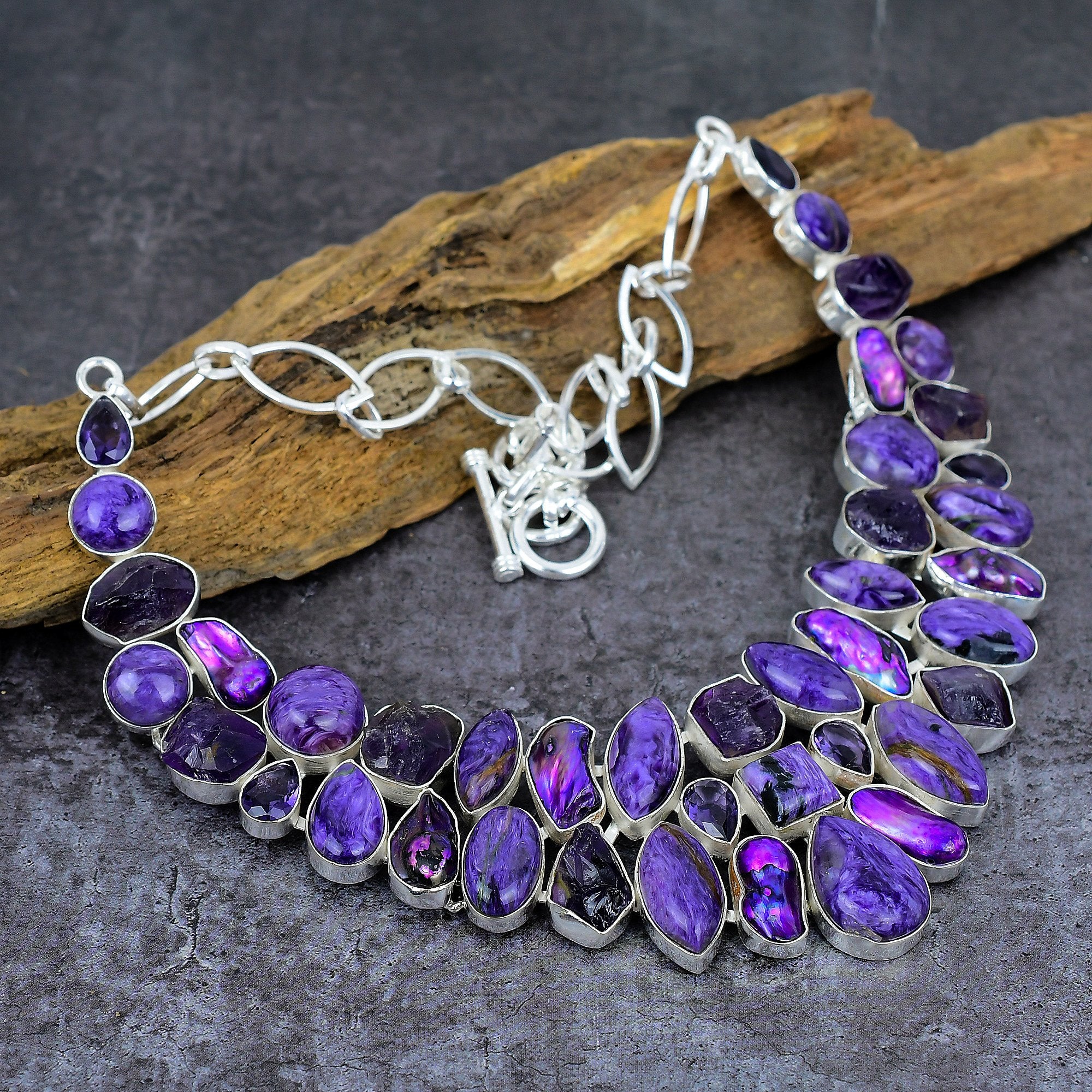 Charoite Amethyst Rough Biwa Pearl Silver Plated Necklace, Unique Designer Necklace, Statement Necklace, Healing Crystals, Bridesmaid Gift