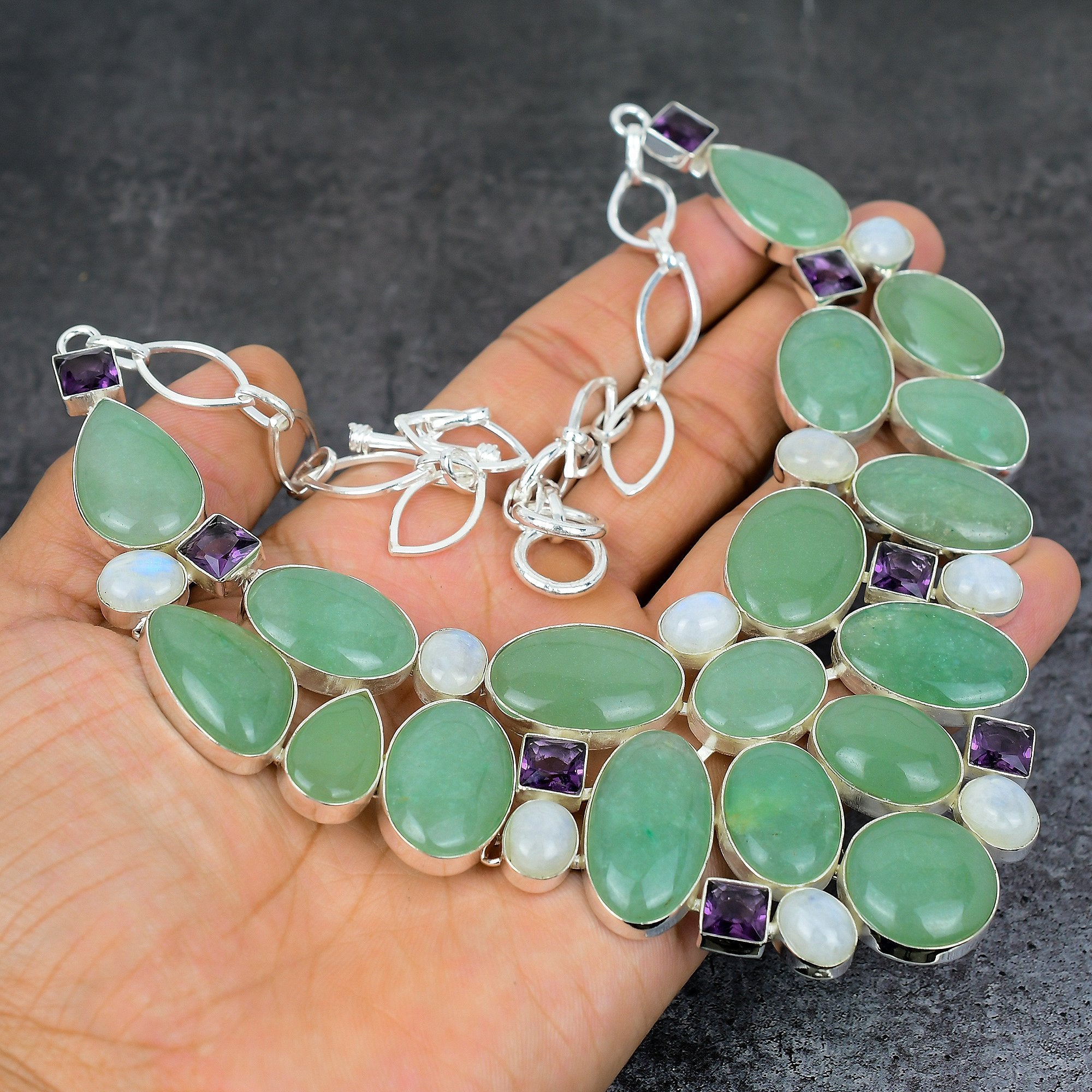 Aventurine Moonstone Amethyst Silver Plated Necklace, Statement Necklace, Healing Stone, Unique Designer Jewelry, Boho Jewelry, Gift For Her