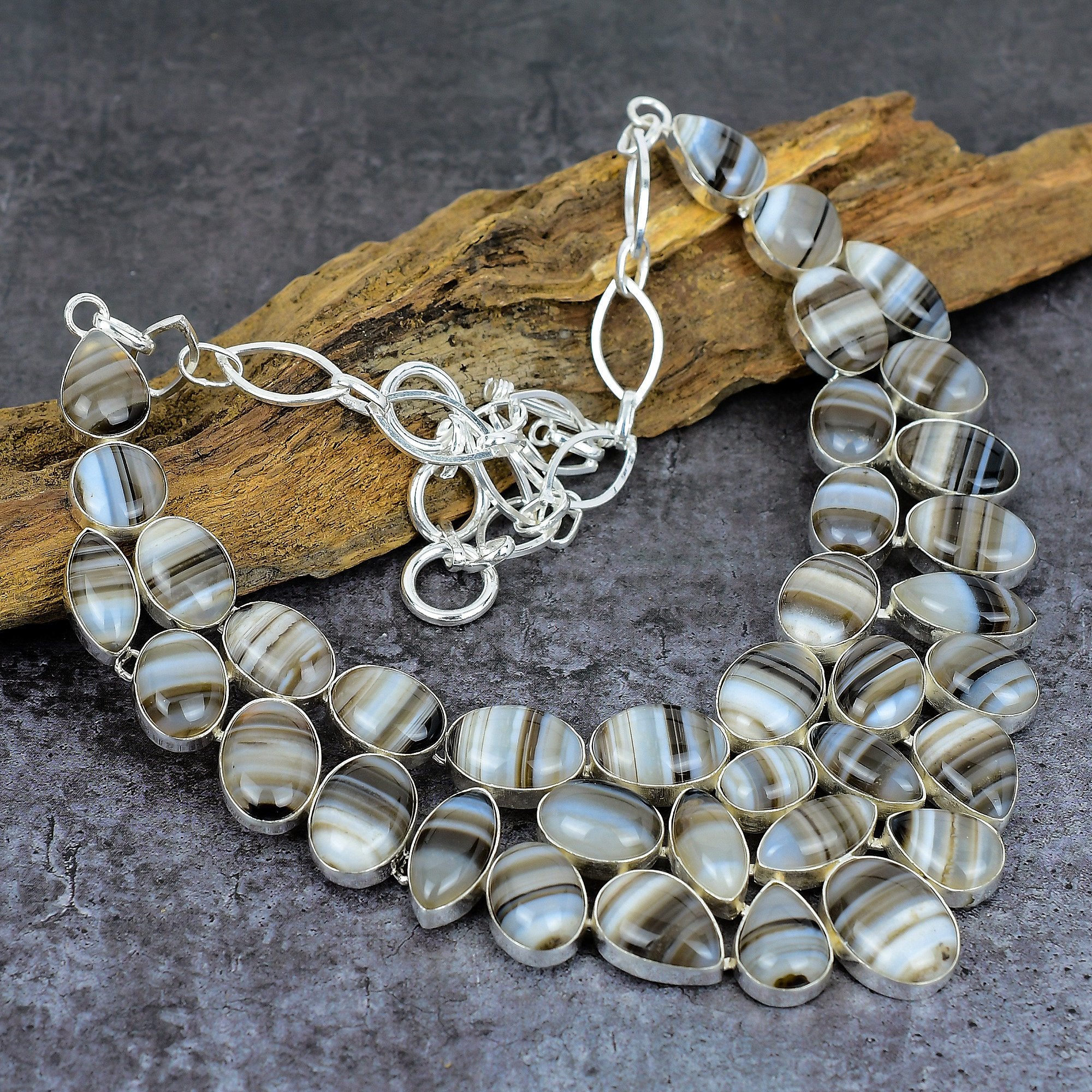 Botswana Agate Necklace, Agate Gemstone Silver Plated Necklace, Handmade Necklace, Boho Jewelry, Statement Necklace, Birthday Gift For Her