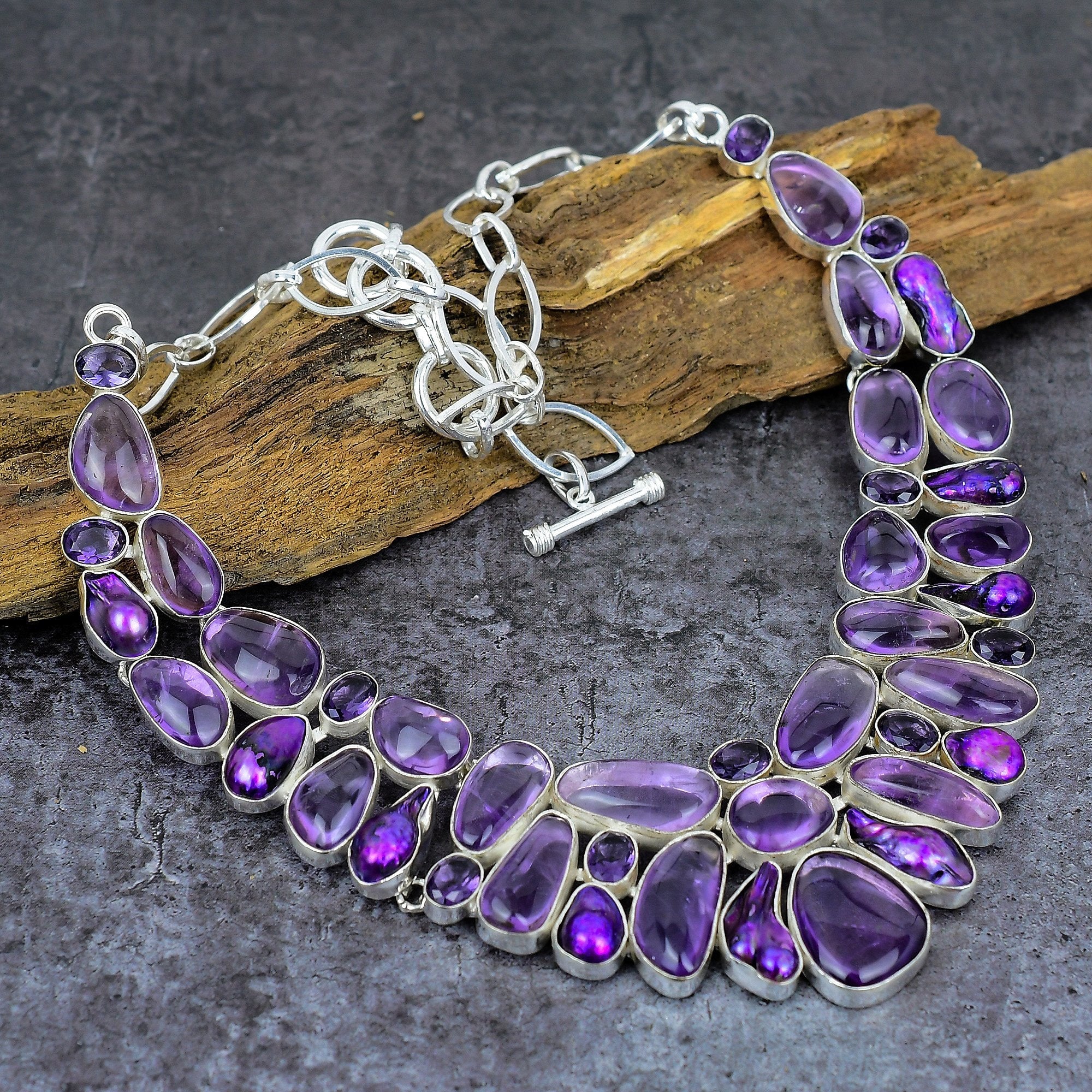 Amethyst Necklace, Amethyst & Biwa Pearl Silver Plated Necklace, Unique Designer Necklace, Birthstone Jewelry, Healing Stone, Gift For Her