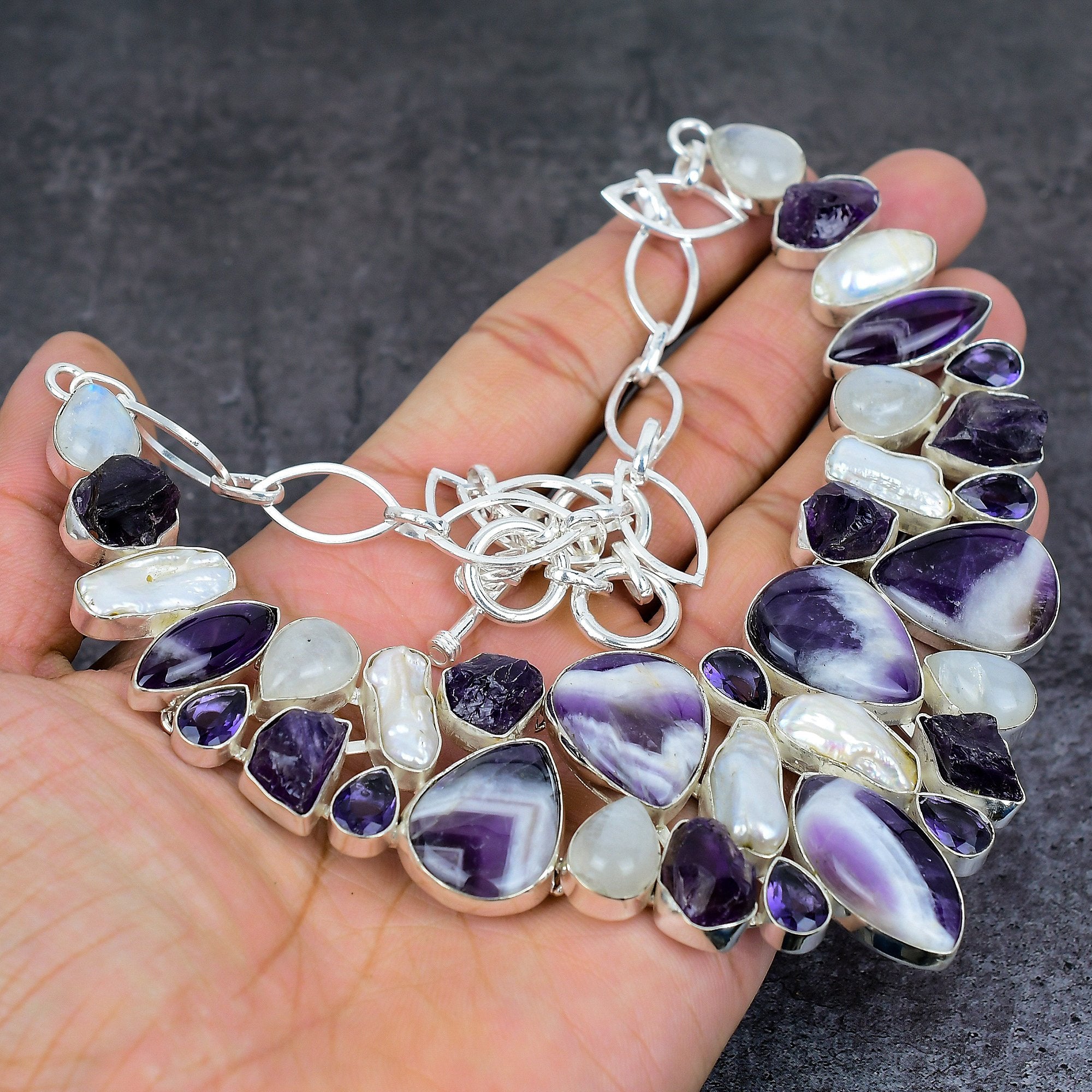 Amethyst Lace Agate Moonstone Raw Amethyst Biwa Pearl Silver Plated Necklace, Statement Necklace, Boho Jewelry, Unique Jewelry, Gift For Her