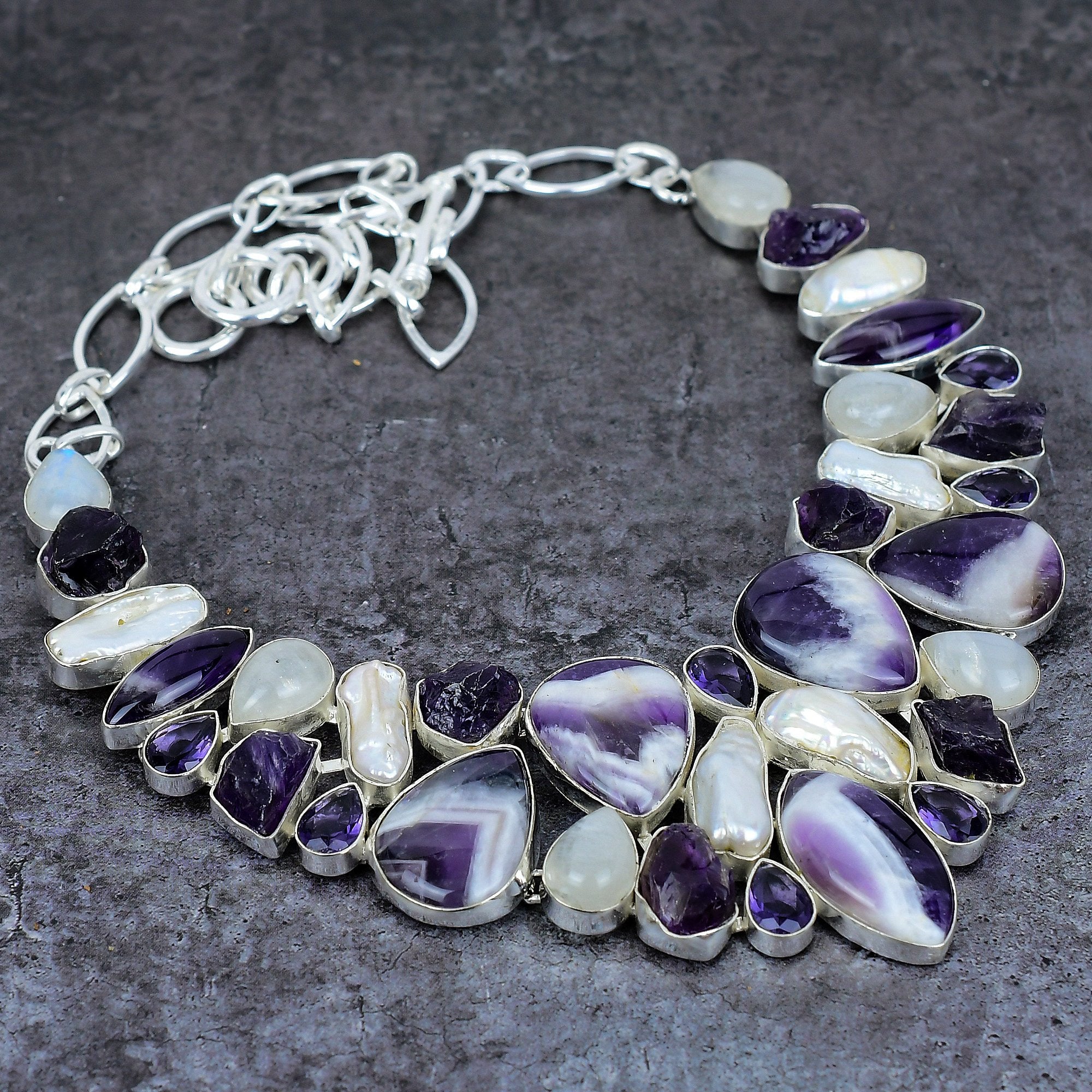 Amethyst Lace Agate Moonstone Raw Amethyst Biwa Pearl Silver Plated Necklace, Statement Necklace, Boho Jewelry, Unique Jewelry, Gift For Her