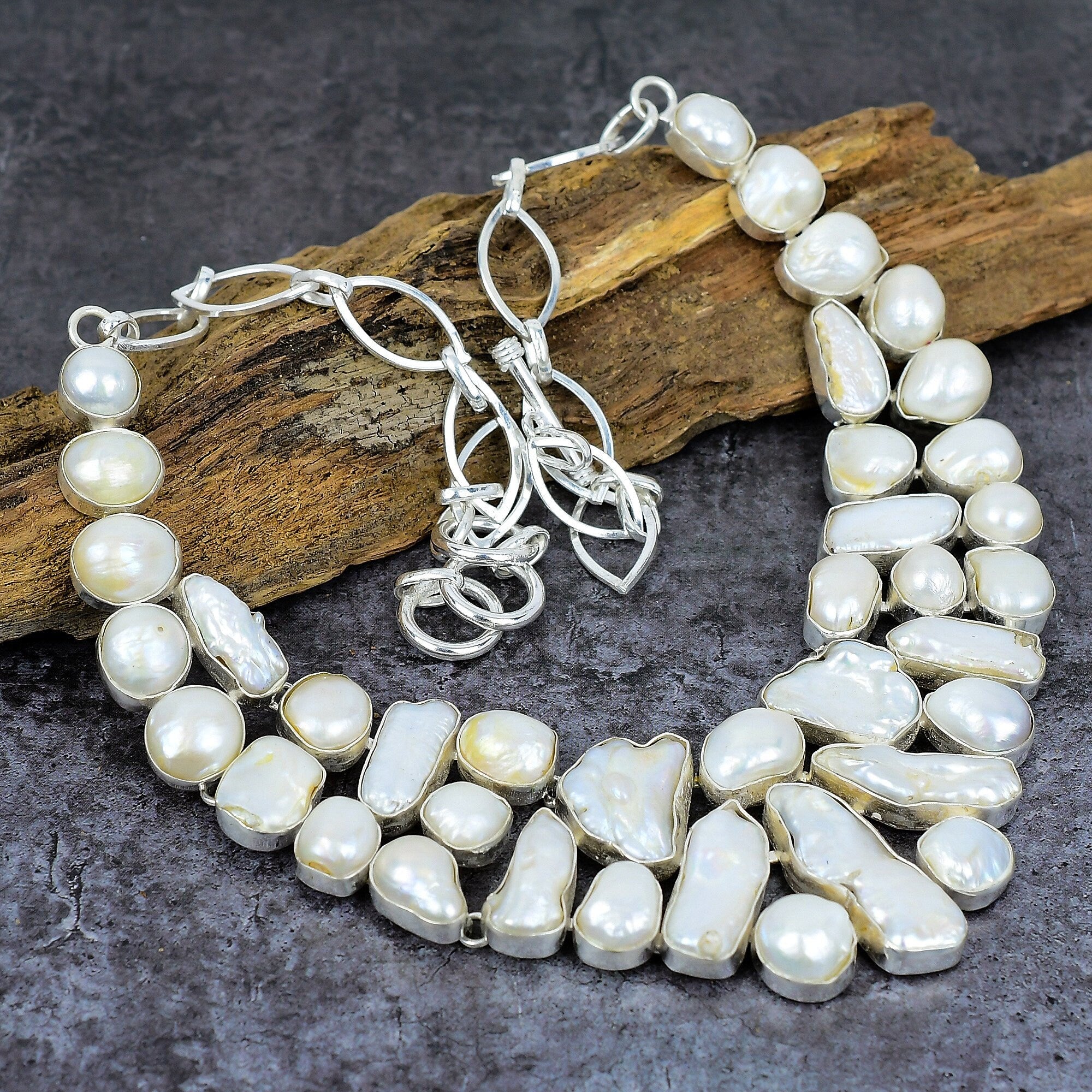 Biwa Pearl Necklace, Pearl Silver Plated Necklace, Freshwater Pearl Unique Necklace, Pearl Jewelry, Handmade Necklace, Bridesmaids Gifts