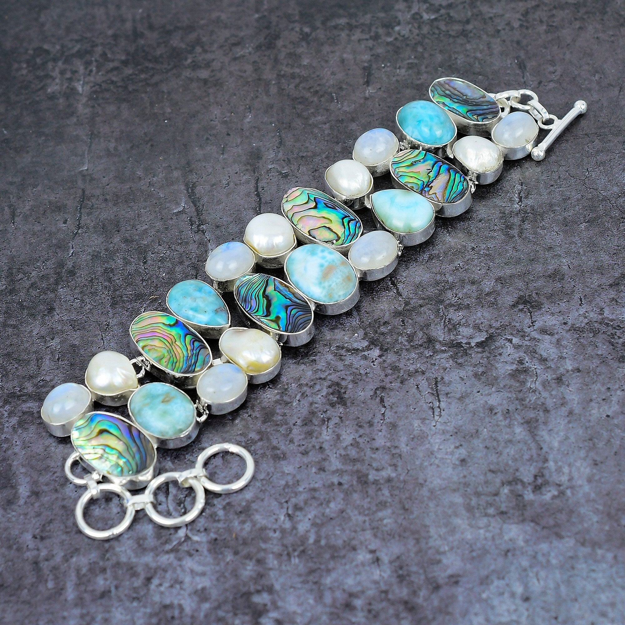 Abalone Shell Larimar Moonstone Pearl Silver Plated Bracelet, Multi Gemstone Jewelry, Designer Bracelet, Statement Bracelet, Gift For Her