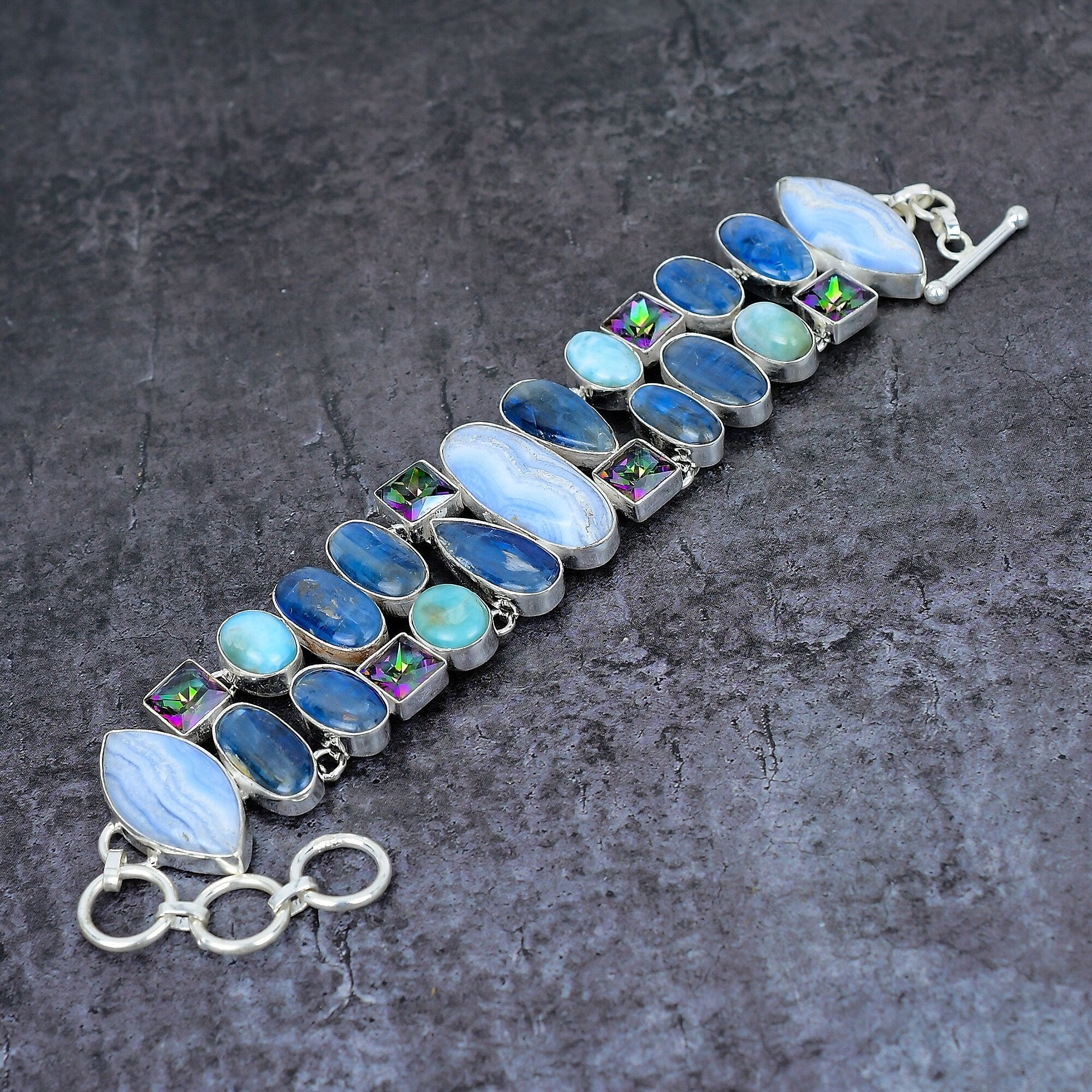 Blue Lace Agate Kyanite Larimar Mystic Topaz Silver Plated Bracelet, Handmade Bracelet, Bohemian Jewelry, Healing Stone, Gift For Her