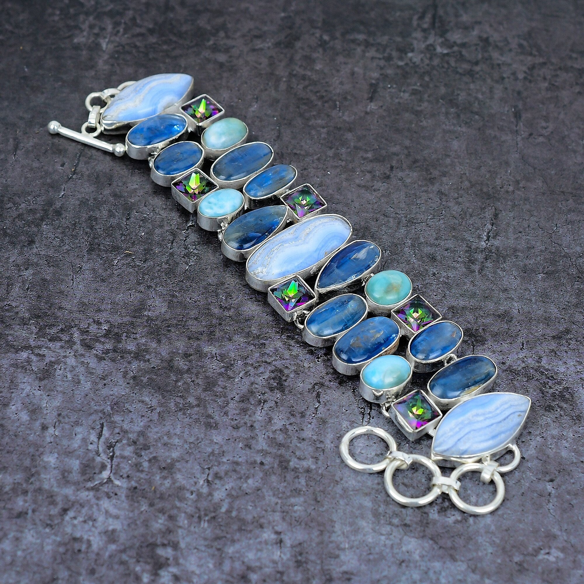 Blue Lace Agate Kyanite Larimar Mystic Topaz Silver Plated Bracelet, Handmade Bracelet, Bohemian Jewelry, Healing Stone, Gift For Her