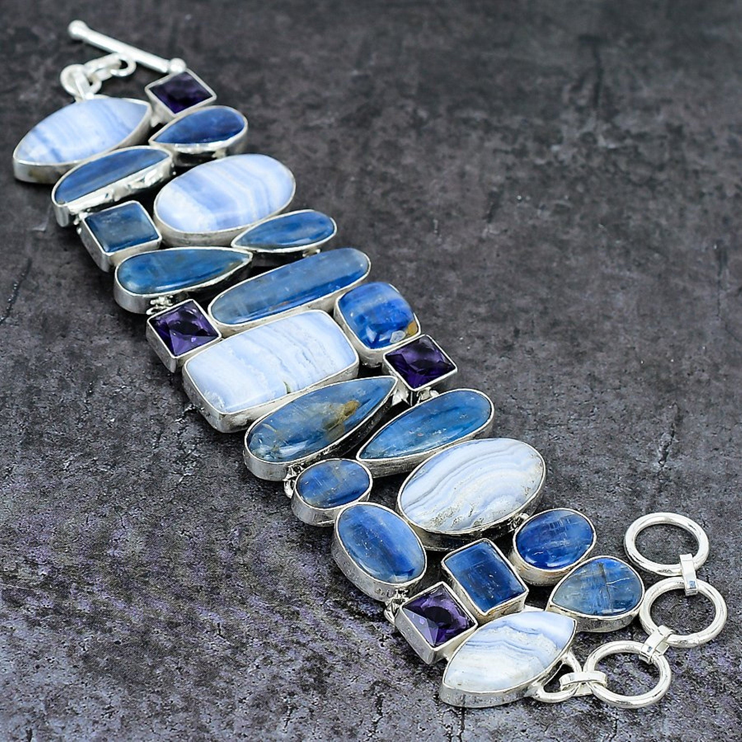 Blue Lace Agate Kyanite Amethyst Silver Plated Bracelet, Unique Designer Jewelry, Handmade Bracelet, Chunky Bracelet, Party Wear Jewelry