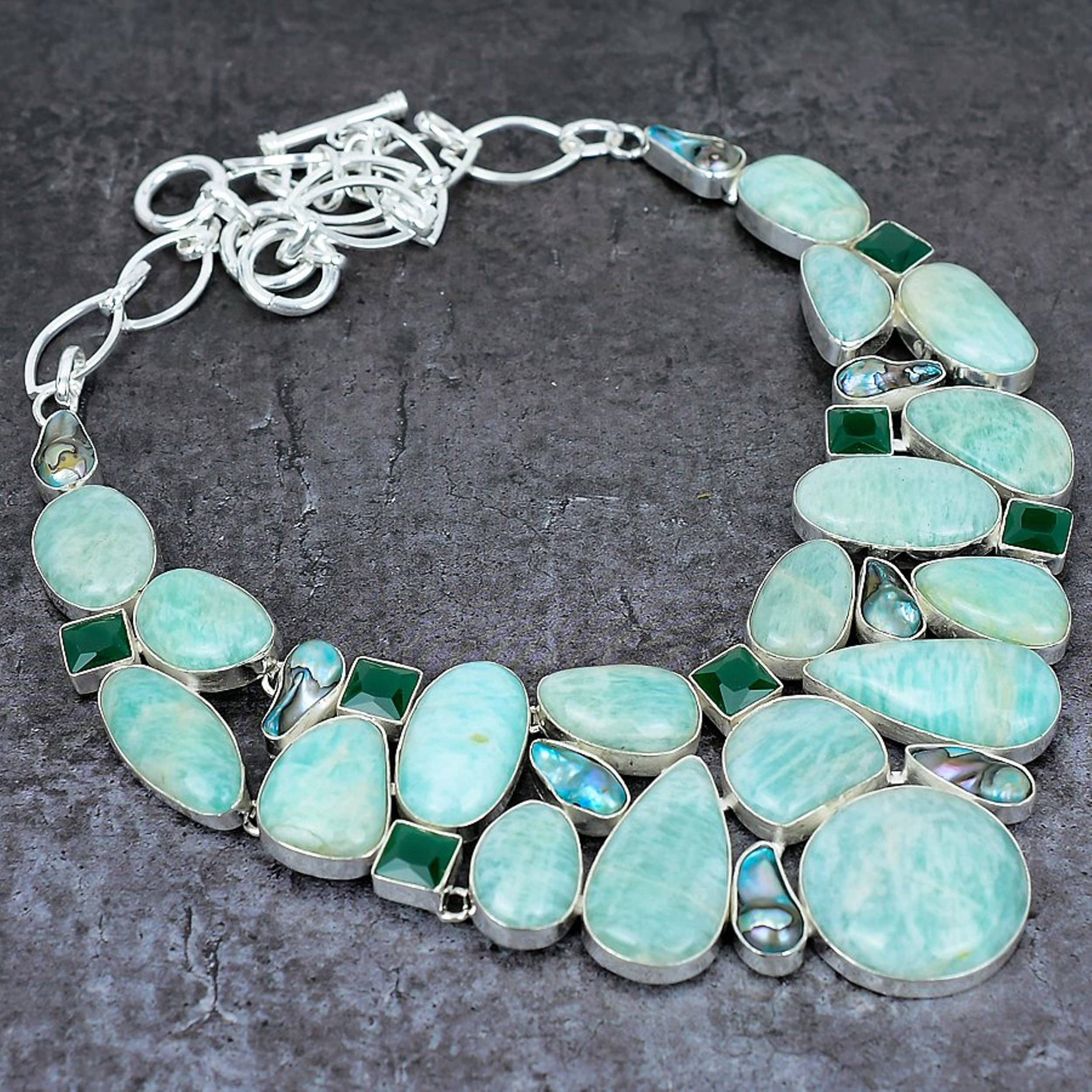 Amazonite Biwa Pearl Green Onyx Silver Plated Necklace, Statement Necklace, Unique Designer Jewelry, Handmade Chunky Necklace, Gift For Her