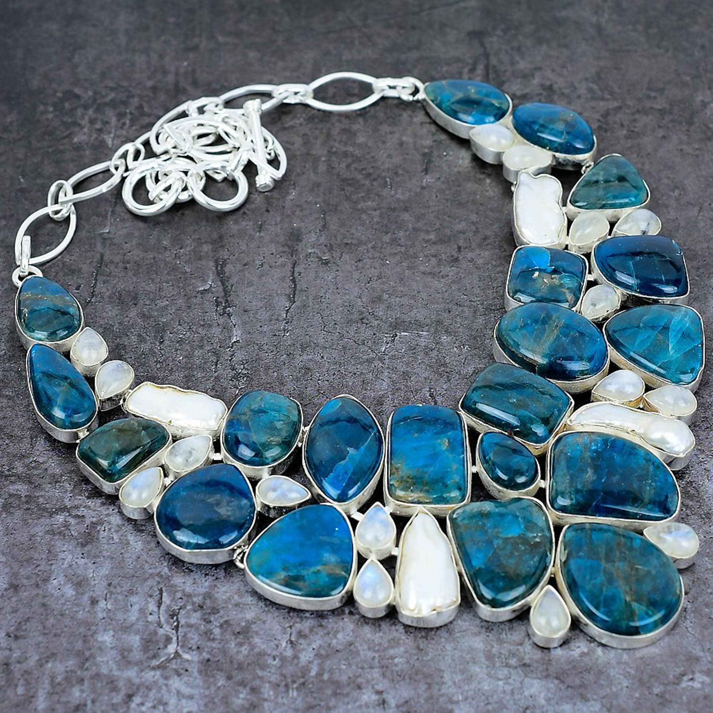 Blue Apatite Biwa Pearl Moonstone Silver Plated Necklace, Unique Designer Jewelry, Chunky Necklace, Boho Jewelry, Handmade Choker Necklace