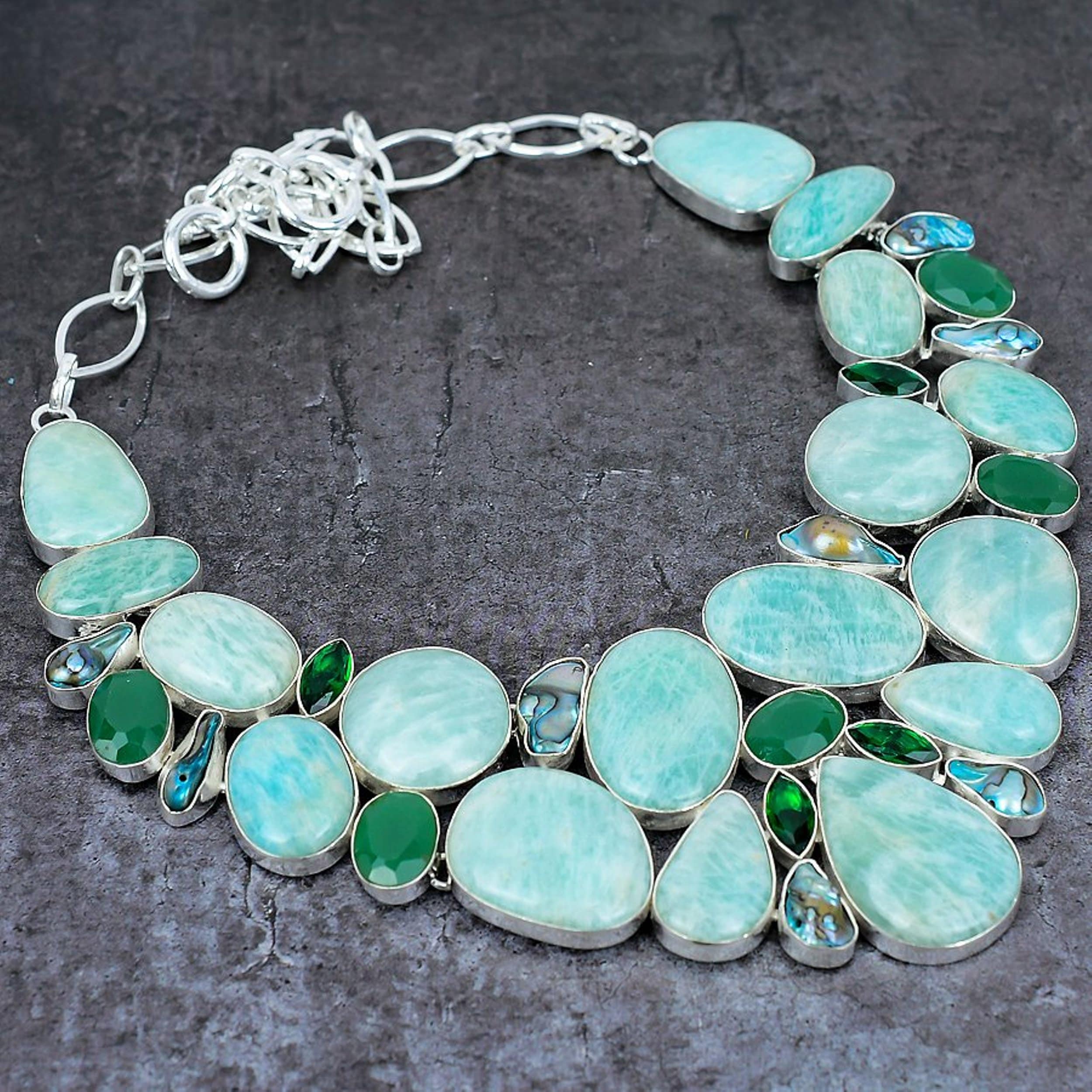 Amazonite Green Onyx Biwa Pearl Diopside Silver Plated Necklace, Statement Necklace, Handmade Unique Jewelry, Chunky Necklace, Gift For Her