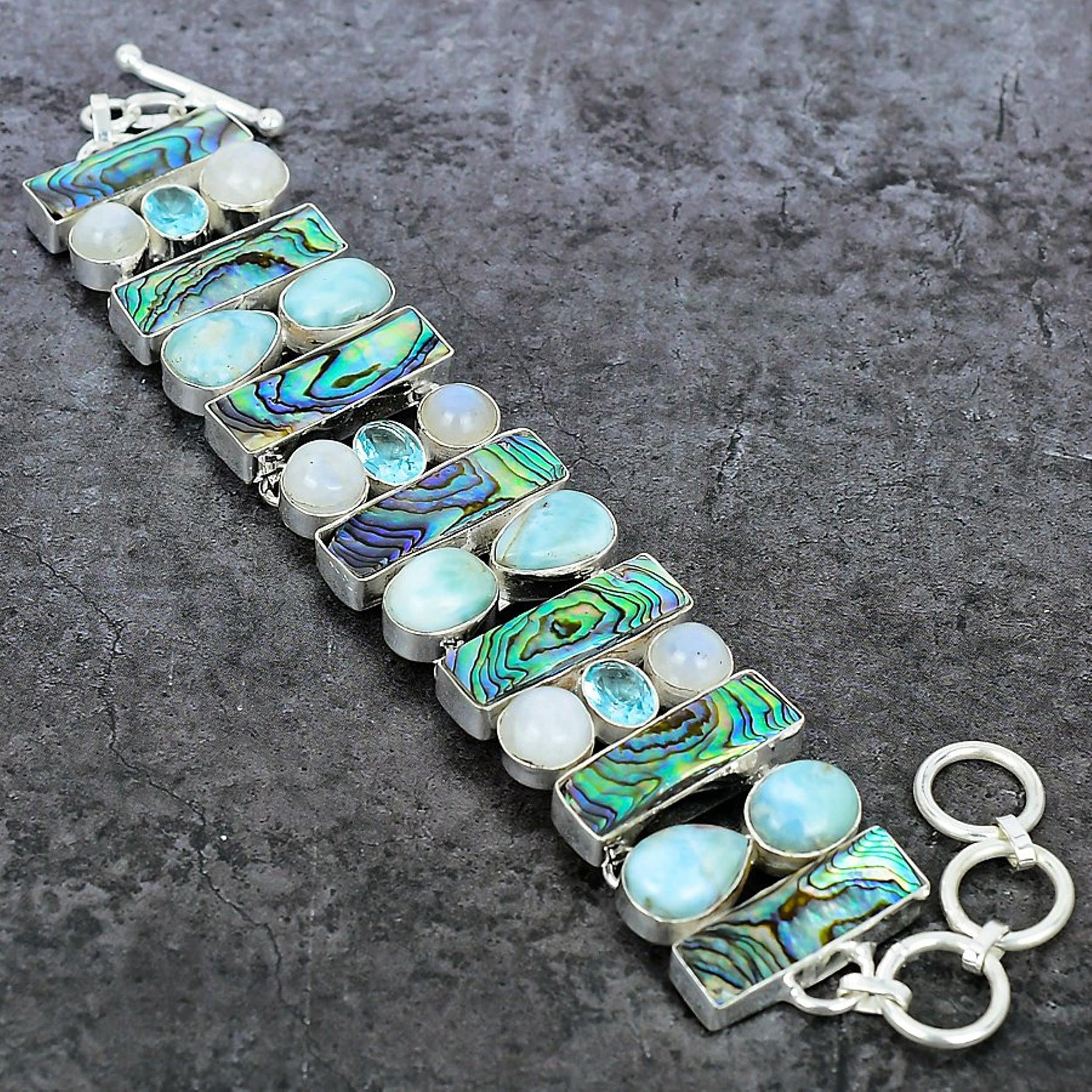 Abalone Shell Moonstone Larimar Blue Topaz Silver Plated Bracelet, Chunky Bracelet, Statement Jewelry, Handmade Unique Jewelry, Gift For Her