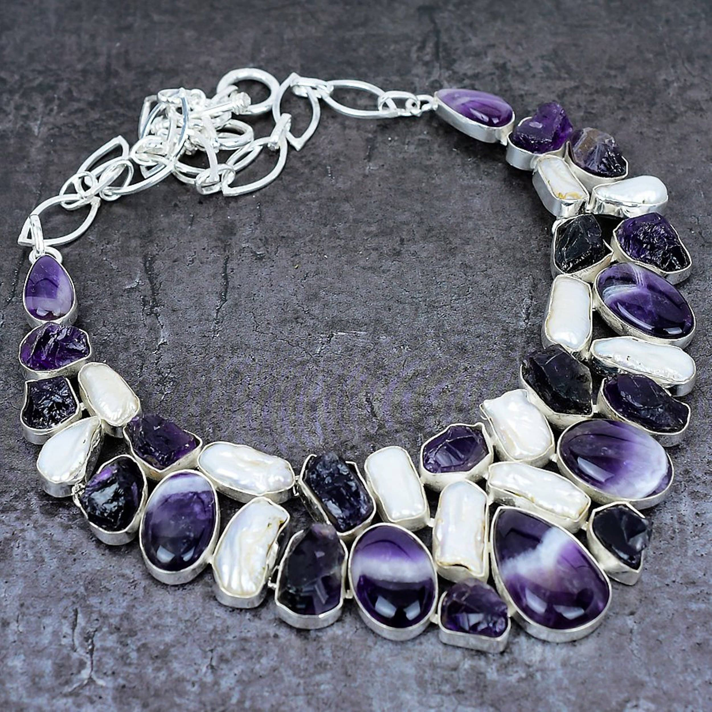 Amethyst Lace Agate Biwa Pearl Raw Amethyst Silver Plated Necklace, Statement Necklace, Chunky Necklace, Bib Necklace, Anniversary Gift