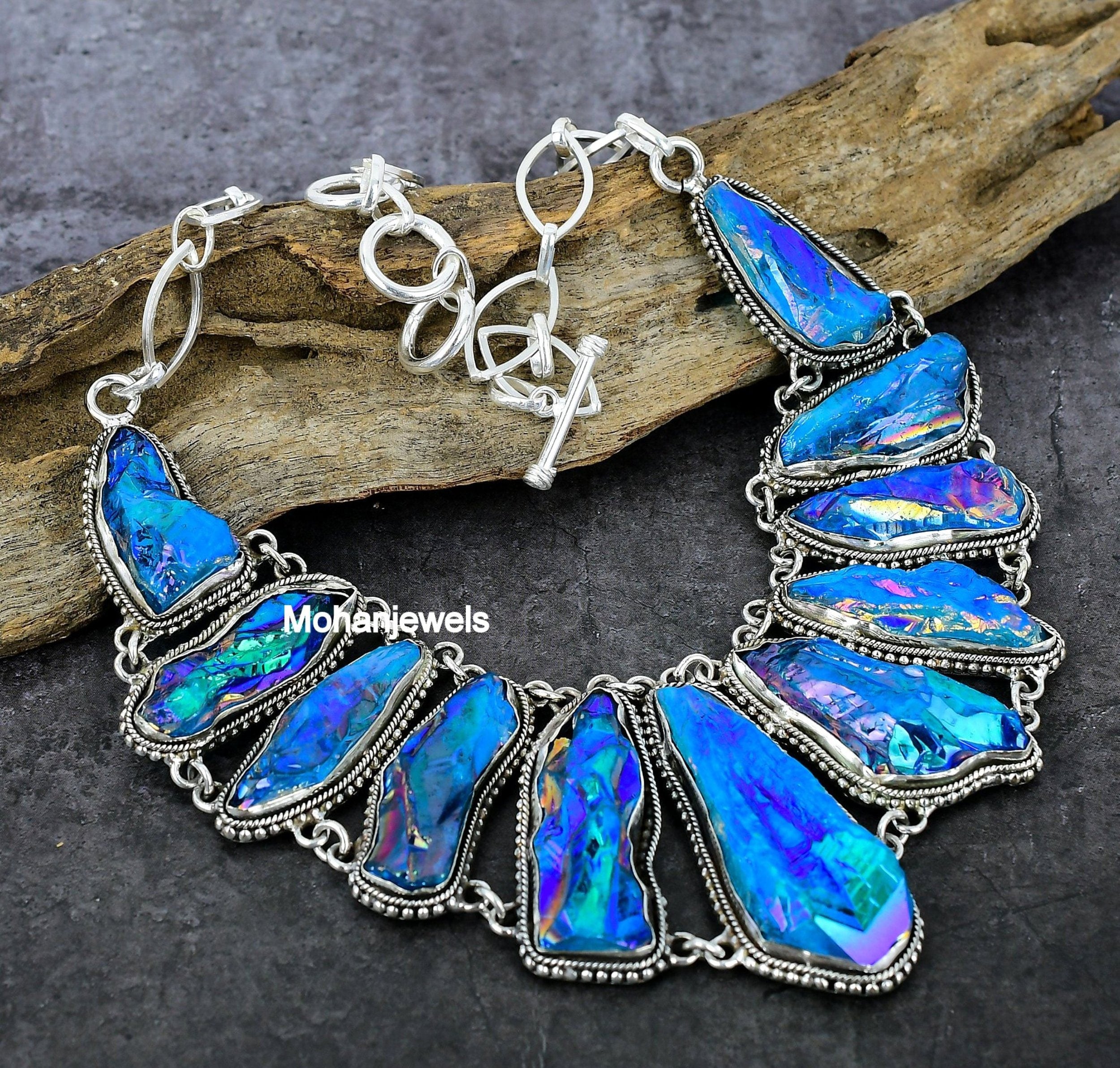 Raw Blue Titanium Druzy Silver Plated Necklace Bracelet Jewelry Set, Unique Designer Jewelry, Rough Gemstone, Boho Necklace, Wedding Jewelry