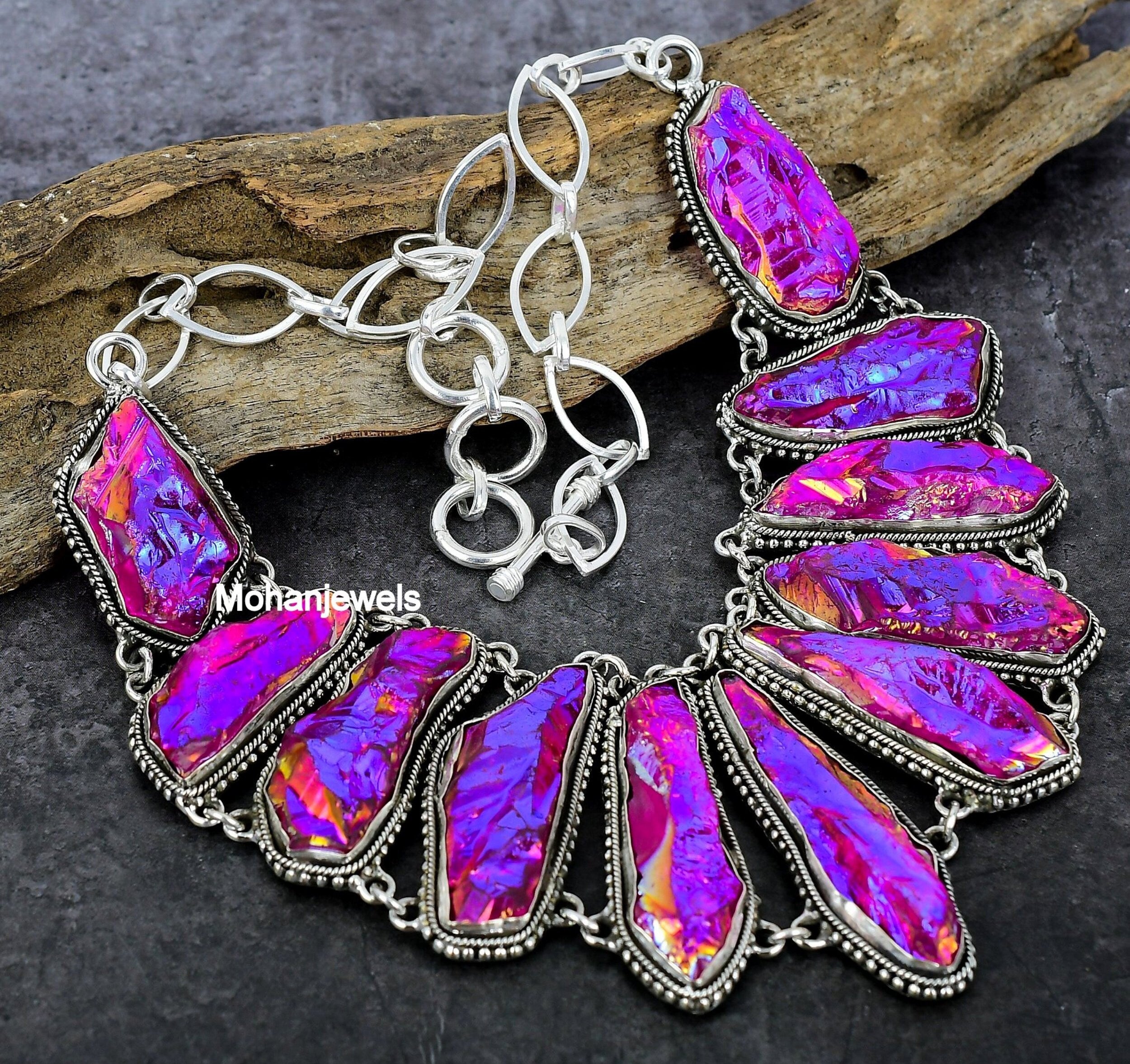 Raw Purple Titanium Druzy Silver Plated Necklace Bracelet Jewelry Set, Unique Designer Jewelry, Rough Stone Necklace, Wedding Jewelry