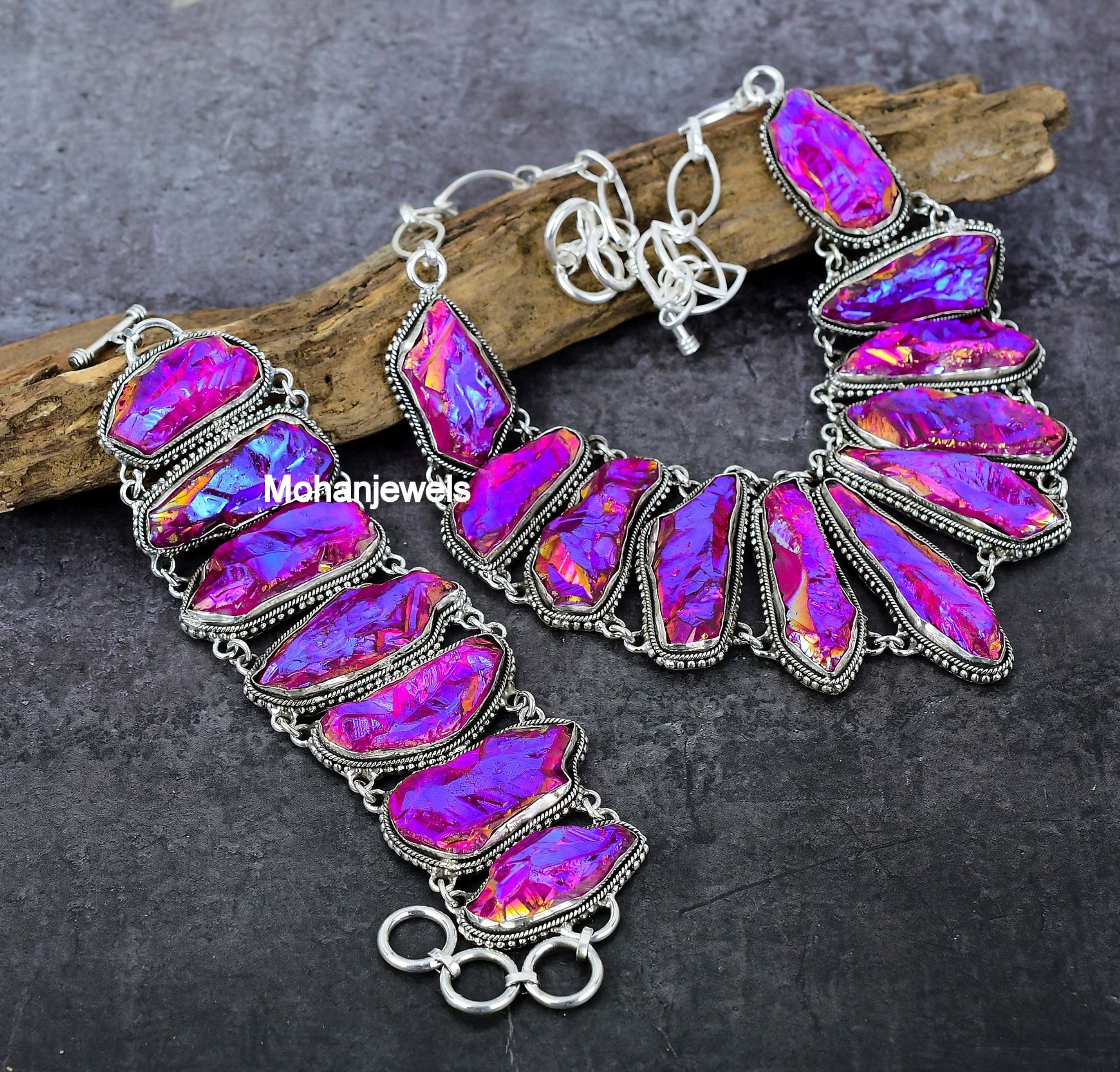 Raw Purple Titanium Druzy Silver Plated Necklace Bracelet Jewelry Set, Unique Designer Jewelry, Rough Stone Necklace, Wedding Jewelry