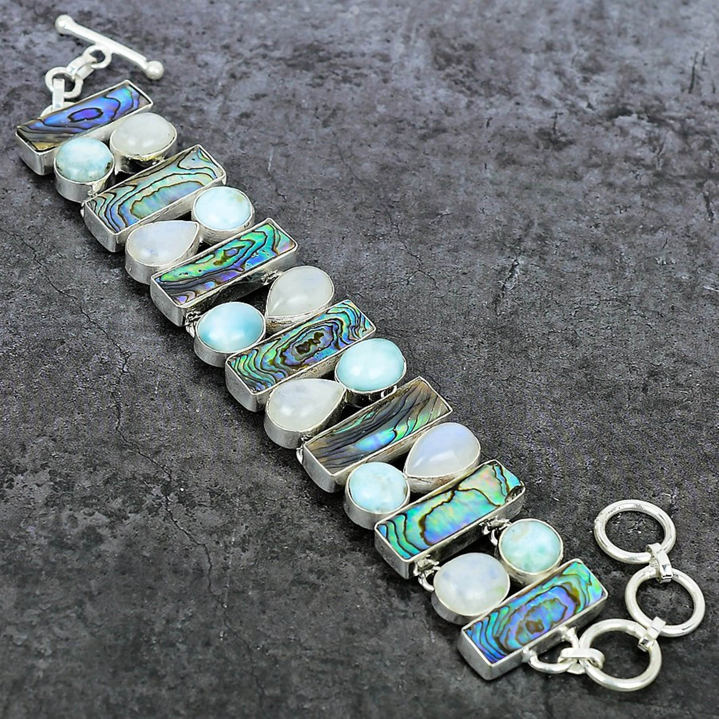 Abalone Shell Moonstone Larimar Silver Plated Bracelet, Chunky Bracelet, Statement Bracelet, Handmade Bracelet, Unique Jewelry, Gift For Her