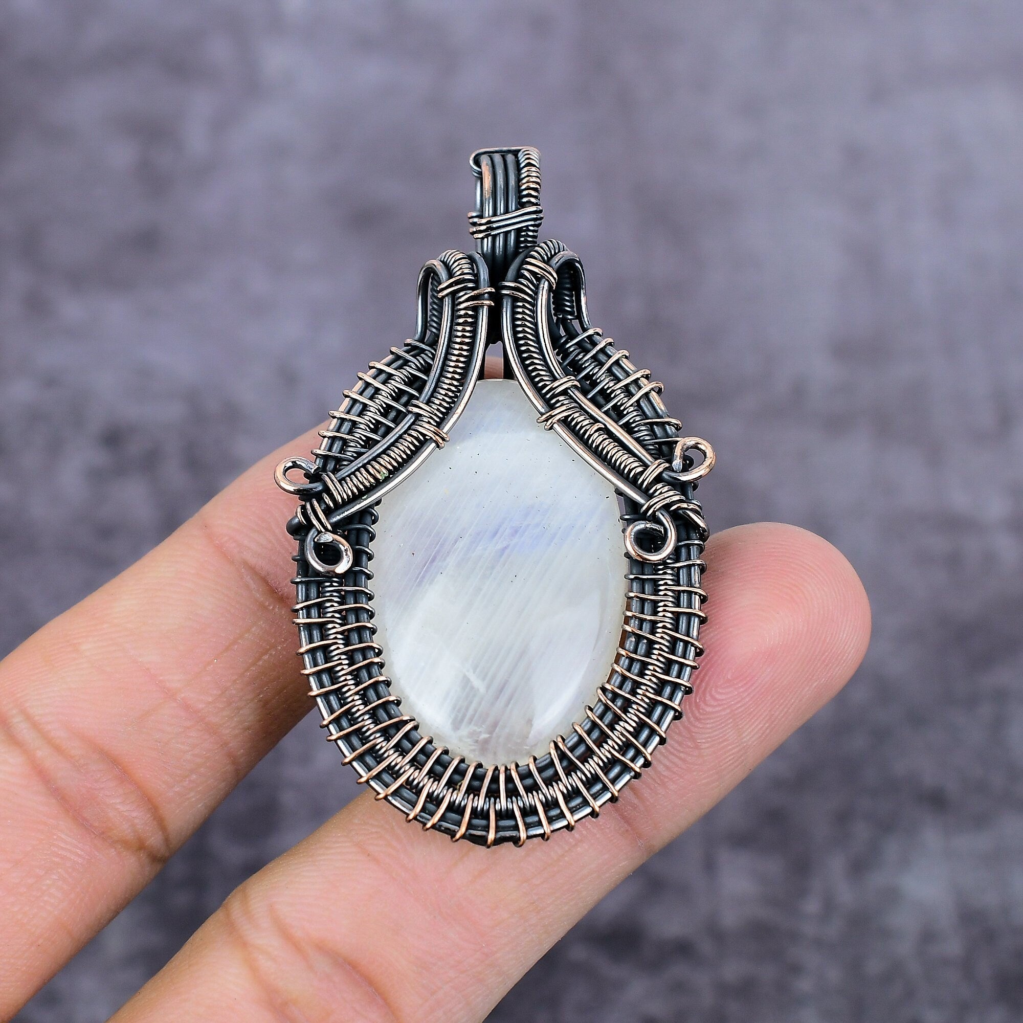 Rainbow Moonstone Pendant, Copper Wire Wrapped Pendant, Handmade Pendant, Wire Wrapped Gemstone Jewelry, Unique Boho Jewelry, Gift For Her