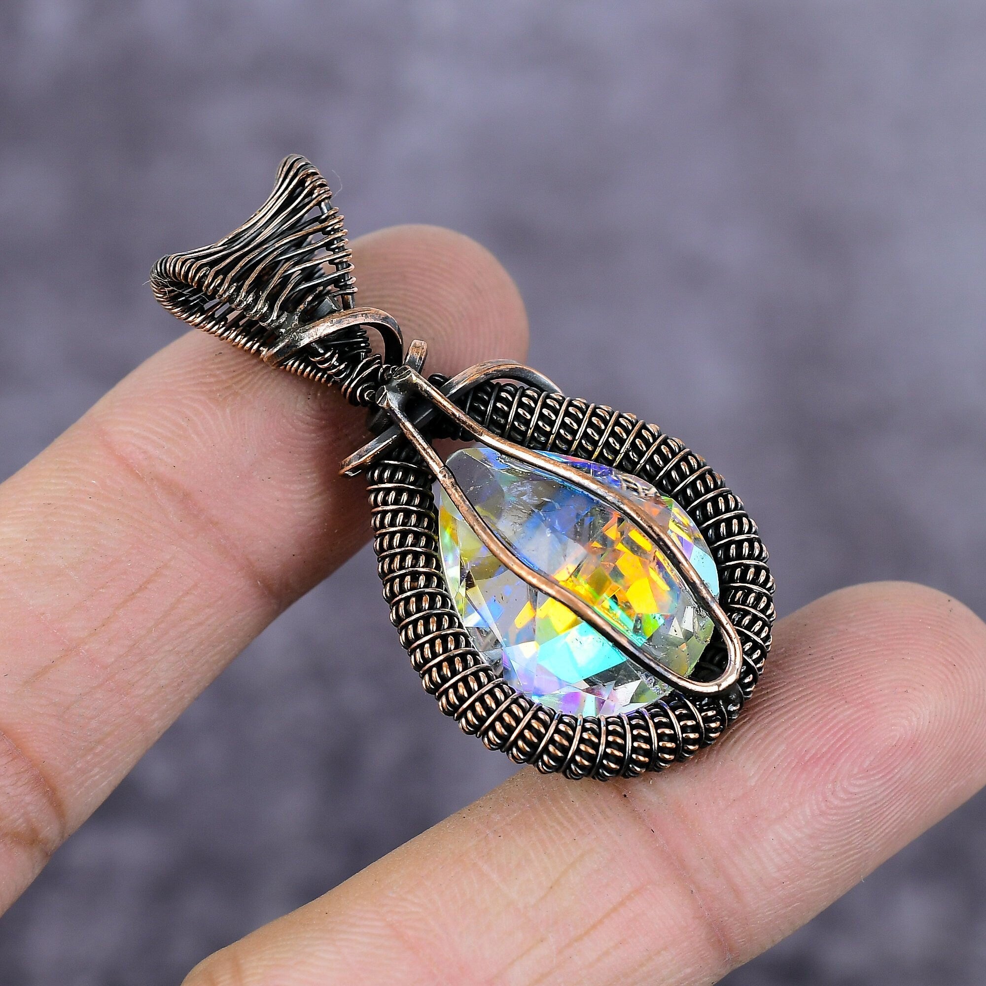 Rainbow Mystic Topaz Pendant, Copper Wire Wrapped Pendant, Aurora Mystic Topaz Gemstone Jewelry, Copper Pendant, Angel Aura Topaz Pendant