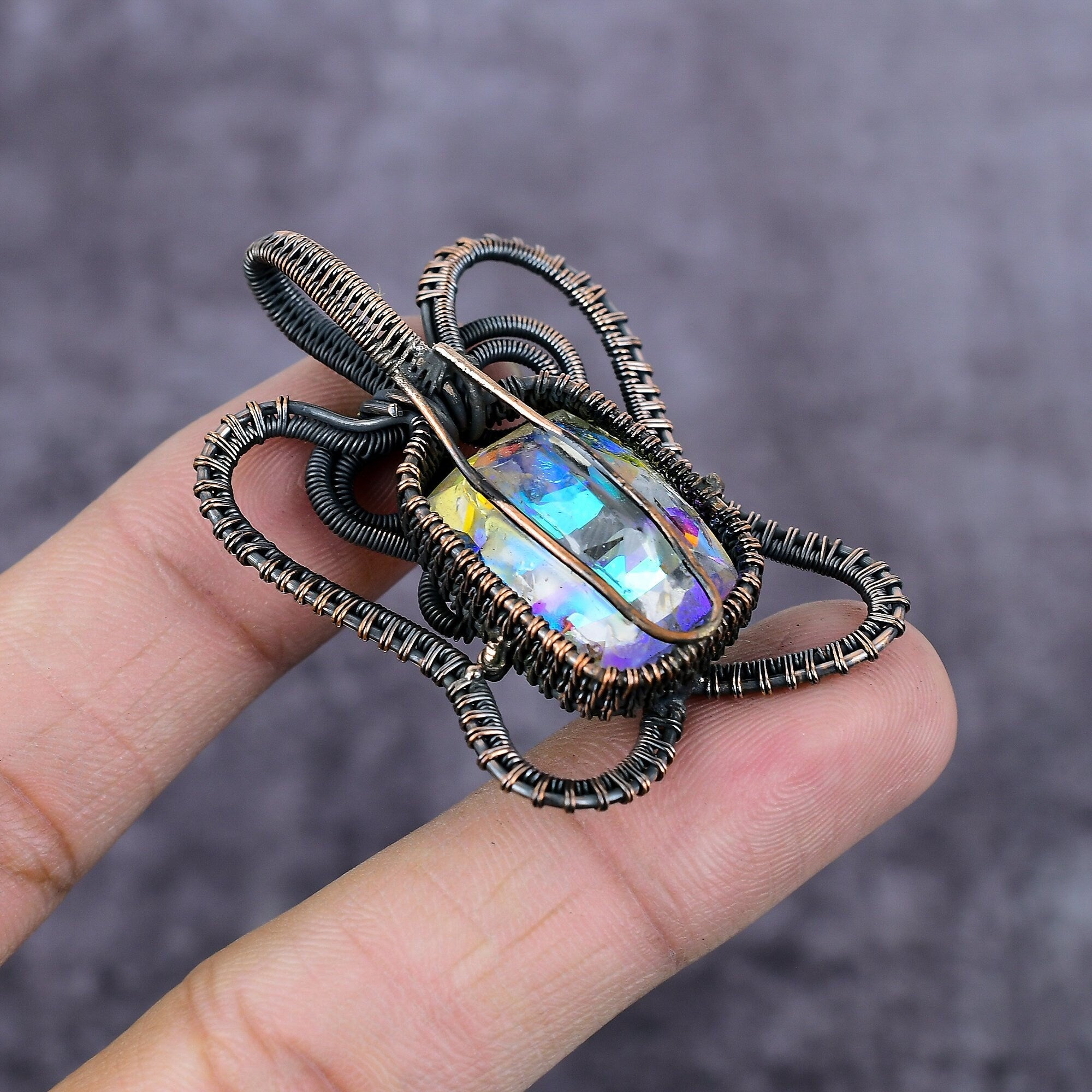 Rainbow Mystic Topaz Pendant, Copper Wire Wrapped Pendant, Angel Aura Topaz Pendant, Handmade Wire Wrapped Gemstone Jewelry, Gift For Her