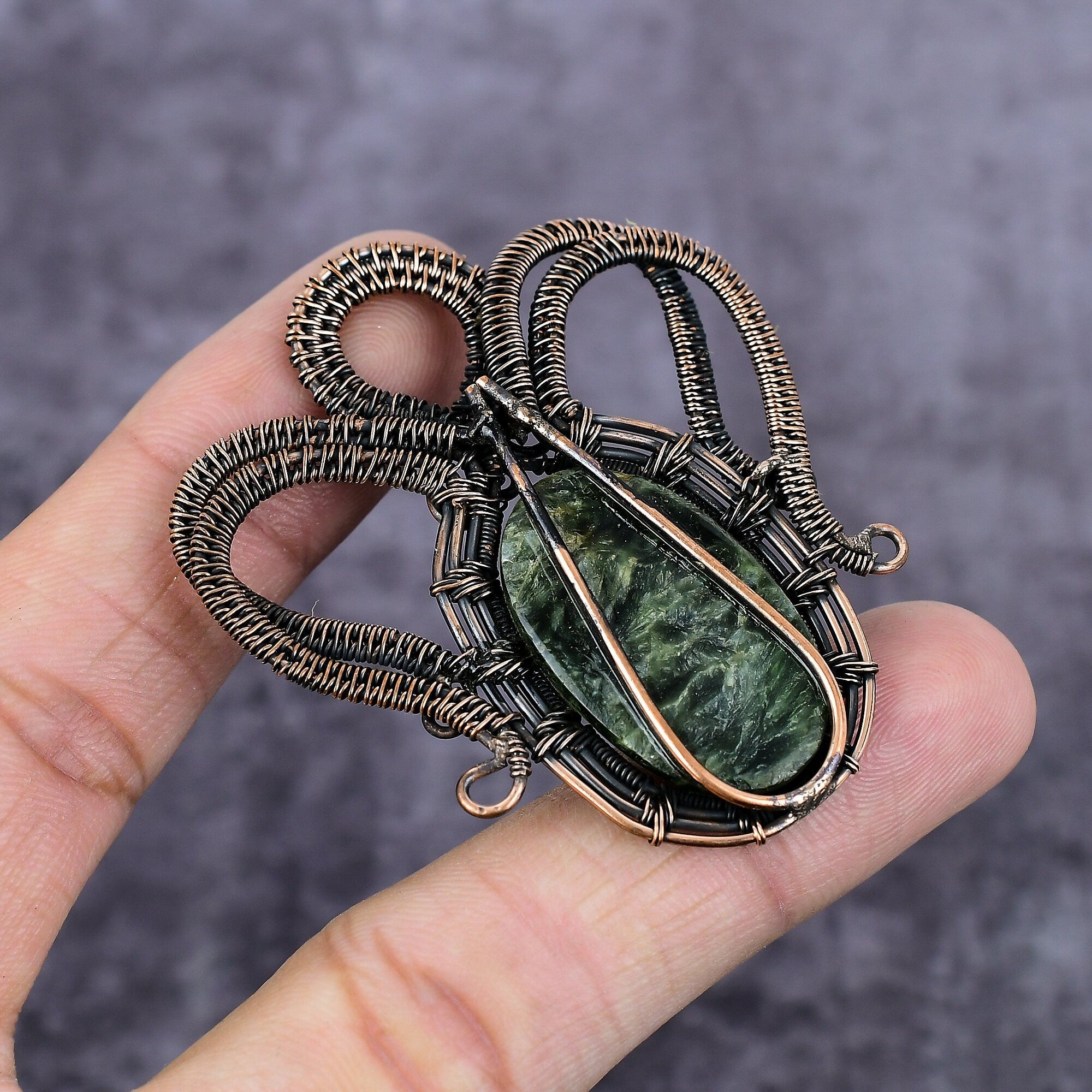 Seraphinite Copper Wrap Pendant, Wire Wrap Handmade Jewelry, Copper Pendant, Boho Pendant, Seraphinite Wire Wrapped Jewelry, Gift For Her