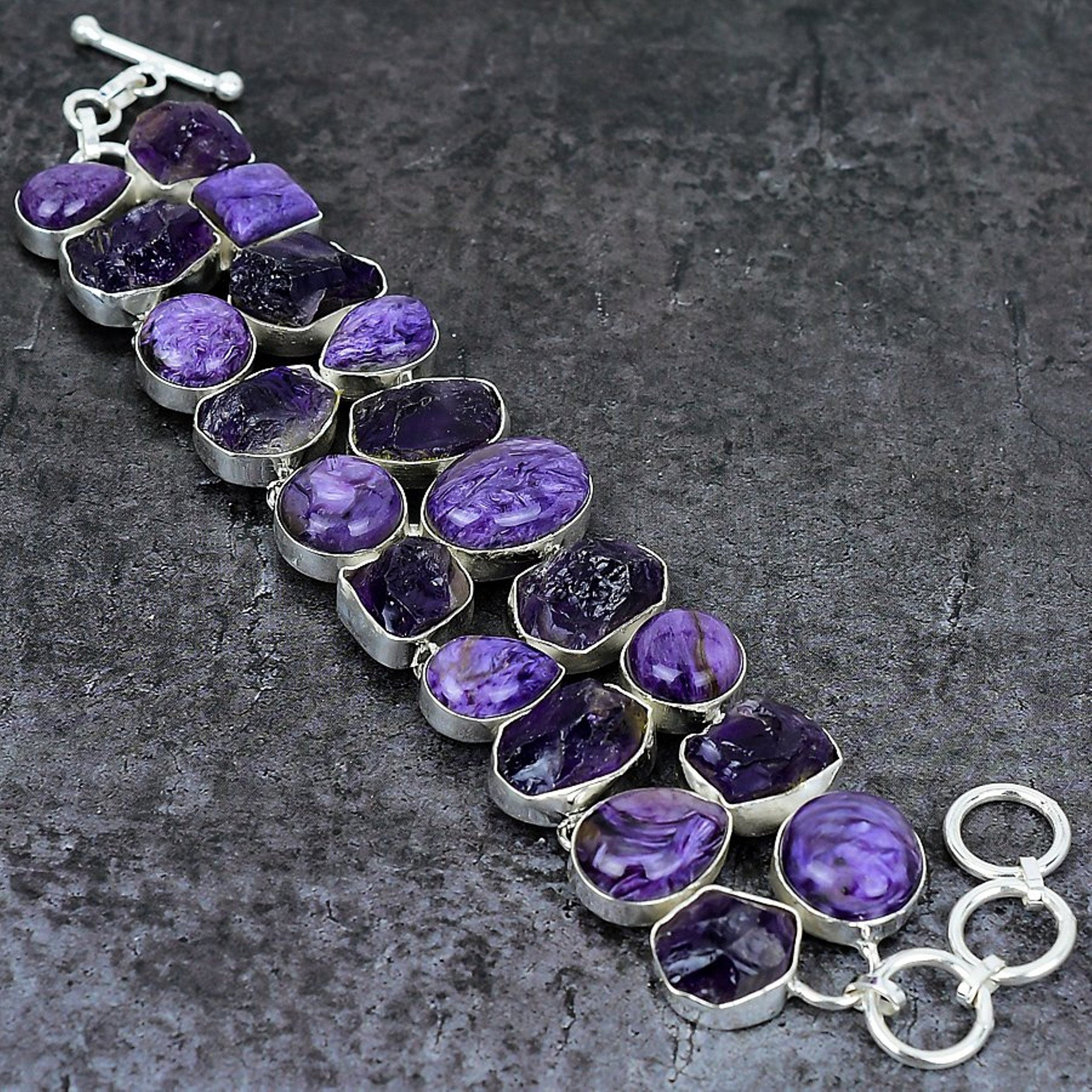 Natural Charoite Amethyst Rough Silver Plated Bracelet, Designer Bracelet, Adjustable Handmade Chunky Bracelet, Unique Jewelry, Gift For Her