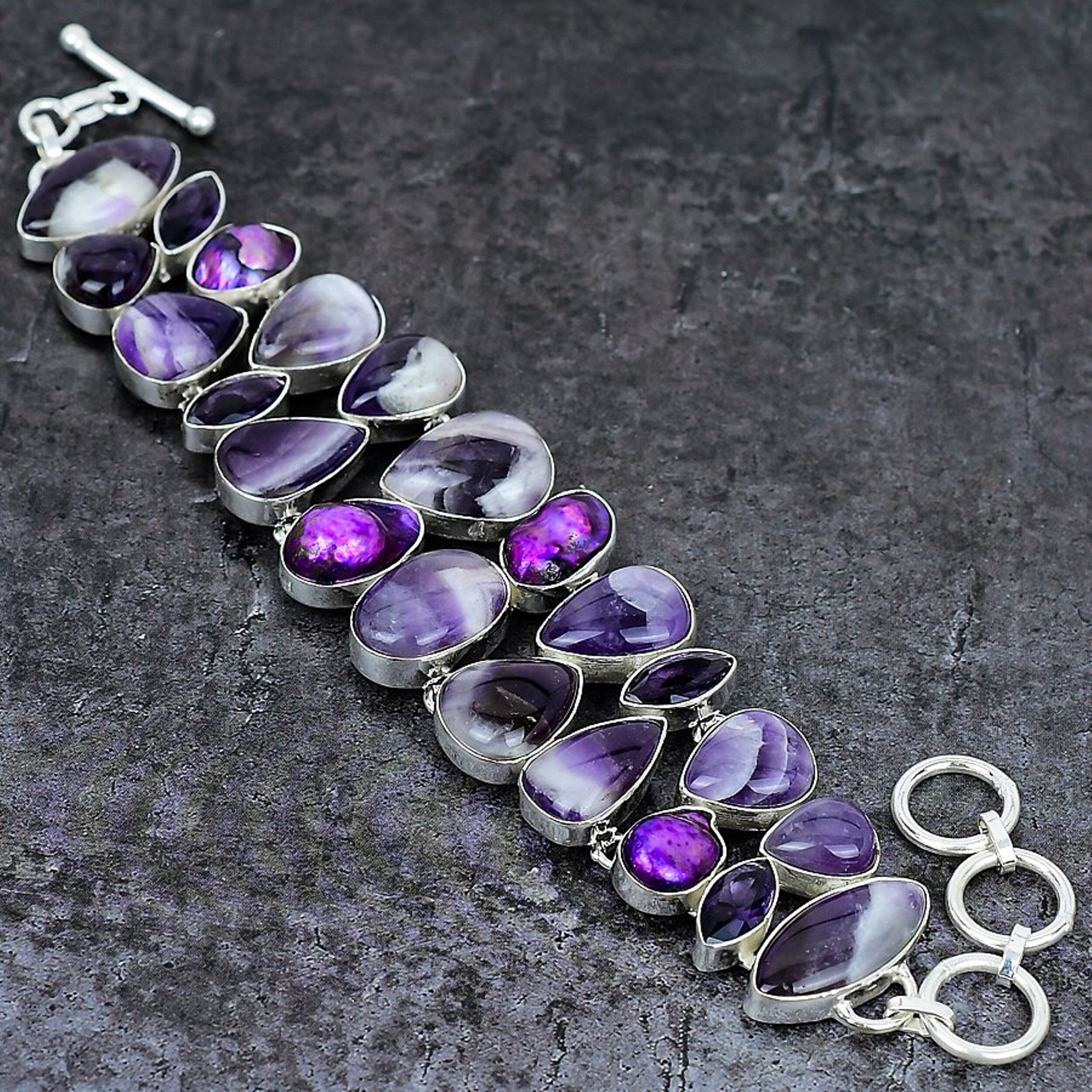 Amethyst Lace Agate Biwa Pearl Silver Plated Bracelet, Unique Jewelry, Adjustable Handmade Chunky Bracelet, Statement Bracelet, Gift For Her