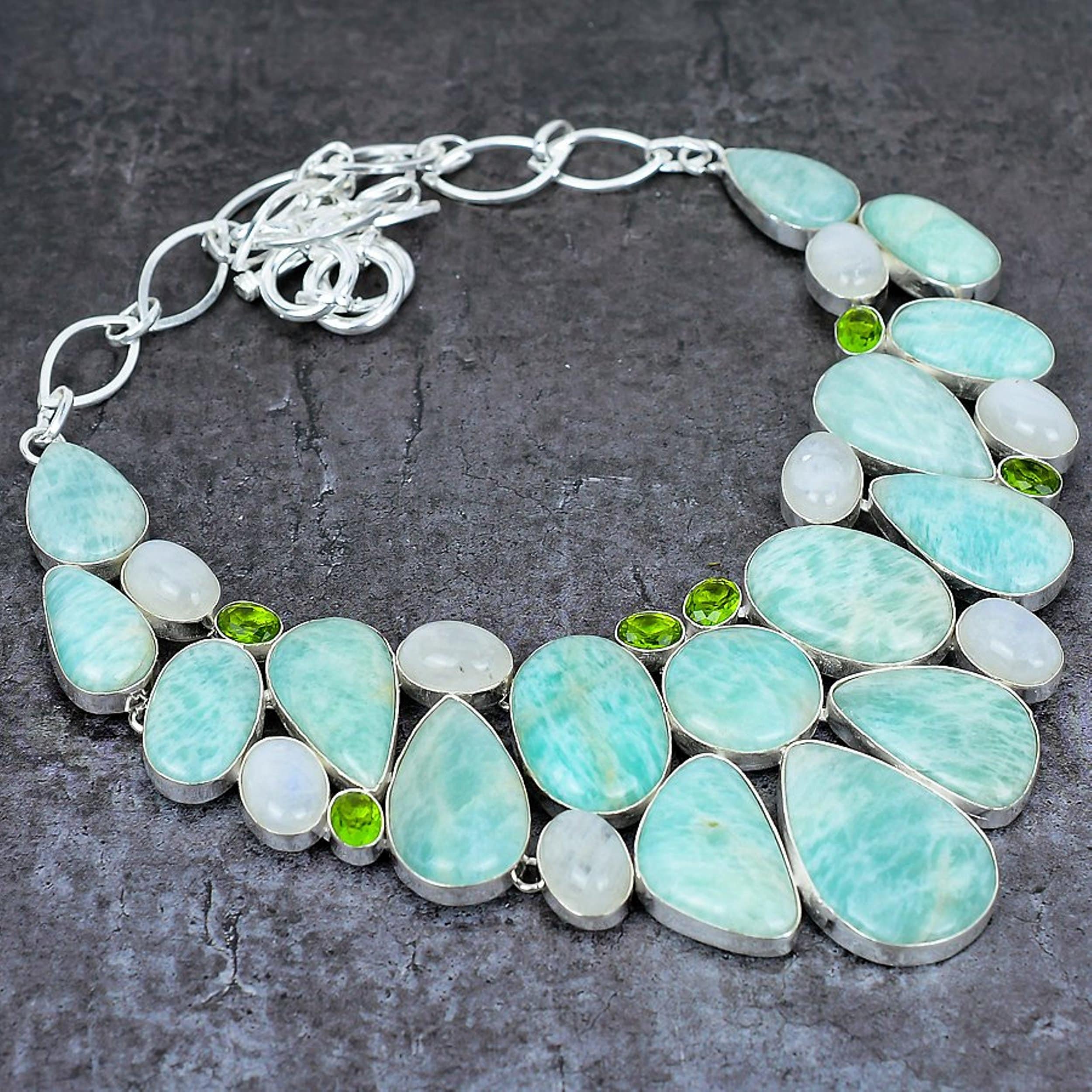 Amazonite Moonstone Peridot Silver Plated Necklace, Designer Necklace, Gemstone Jewelry, Handmade Necklace, Choker Necklace, Bridesmaid Gift