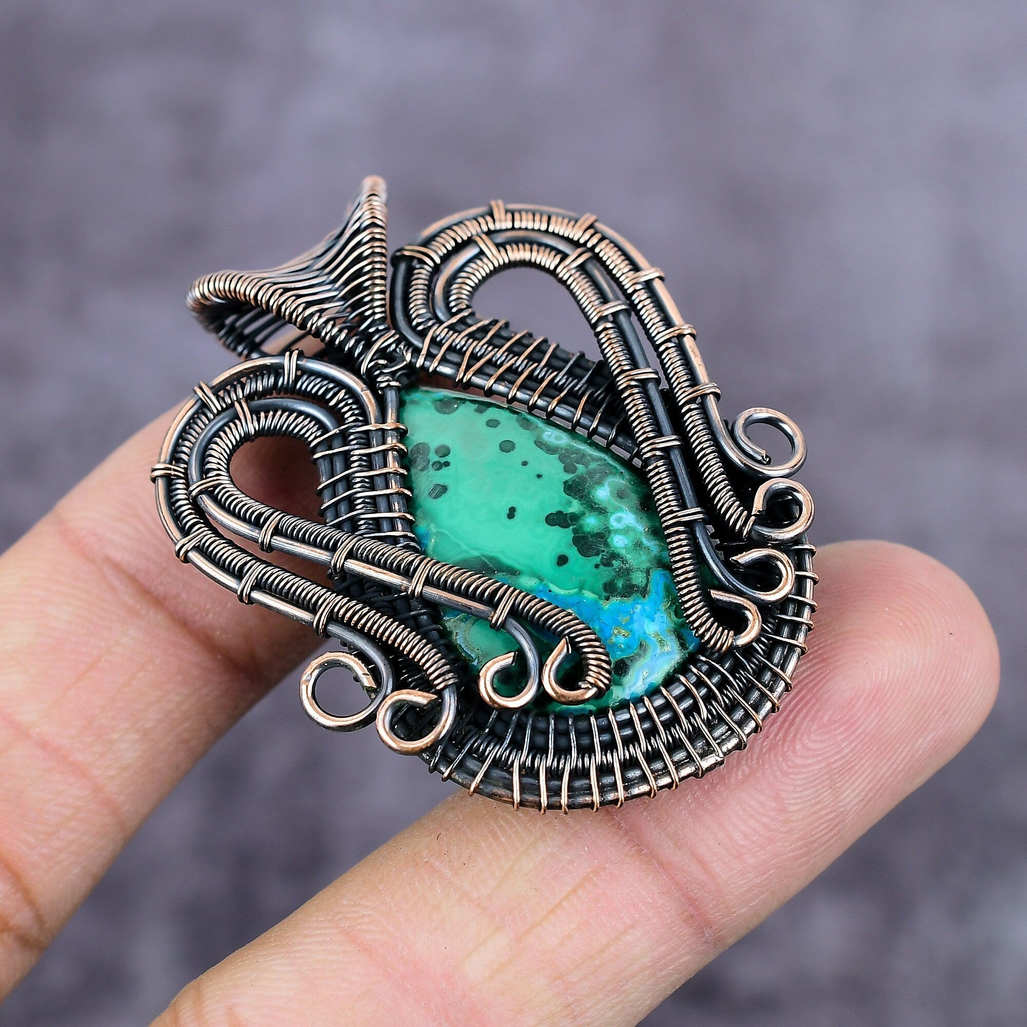 Azurite Malachite Copper Wire Wrapped Pendant, Bohemian Pendant, Handmade Gemstone Jewelry, Copper Pendant, Malachite Jewelry, Gift For Her