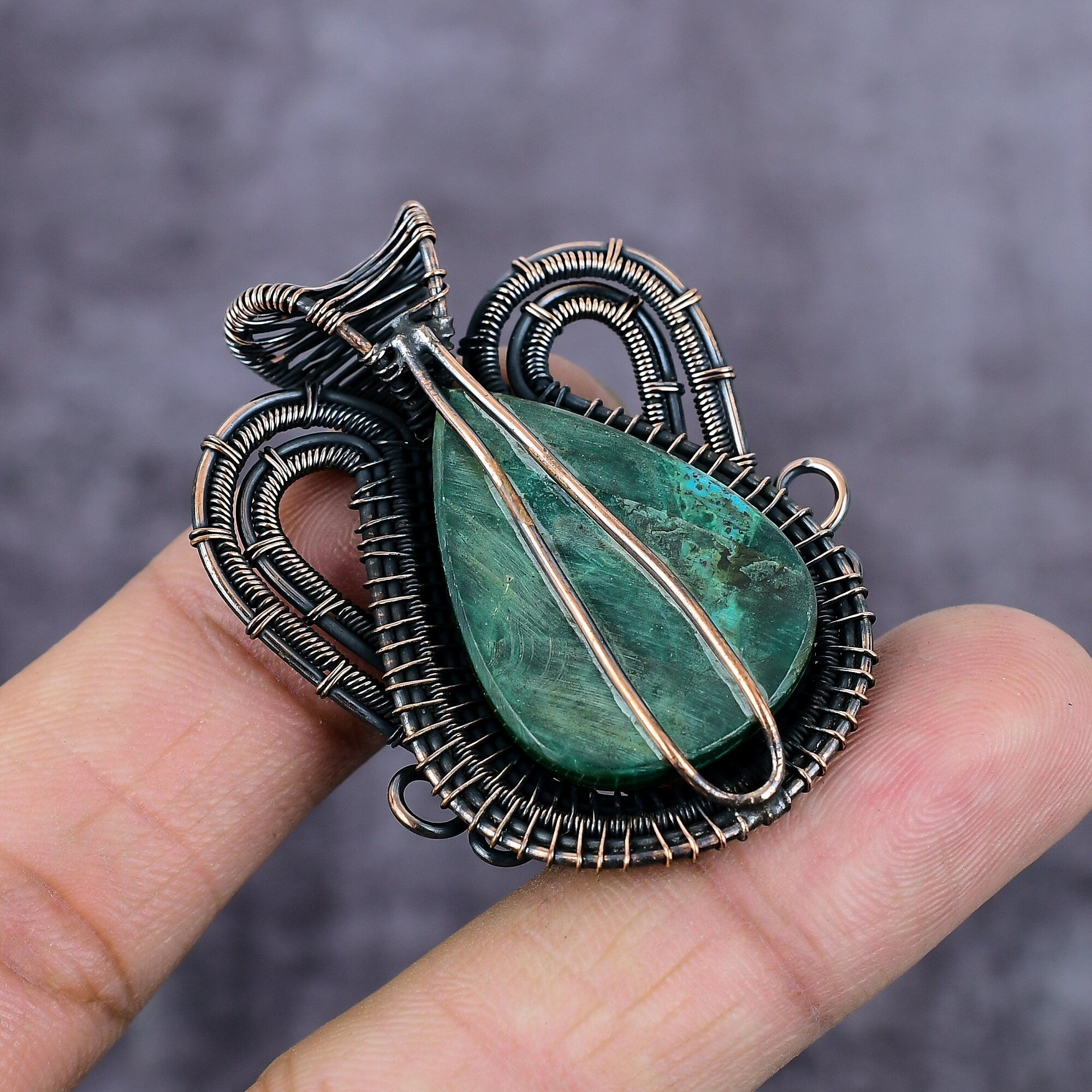 Azurite Malachite Copper Wire Wrapped Pendant, Bohemian Pendant, Handmade Gemstone Jewelry, Copper Pendant, Malachite Jewelry, Gift For Her