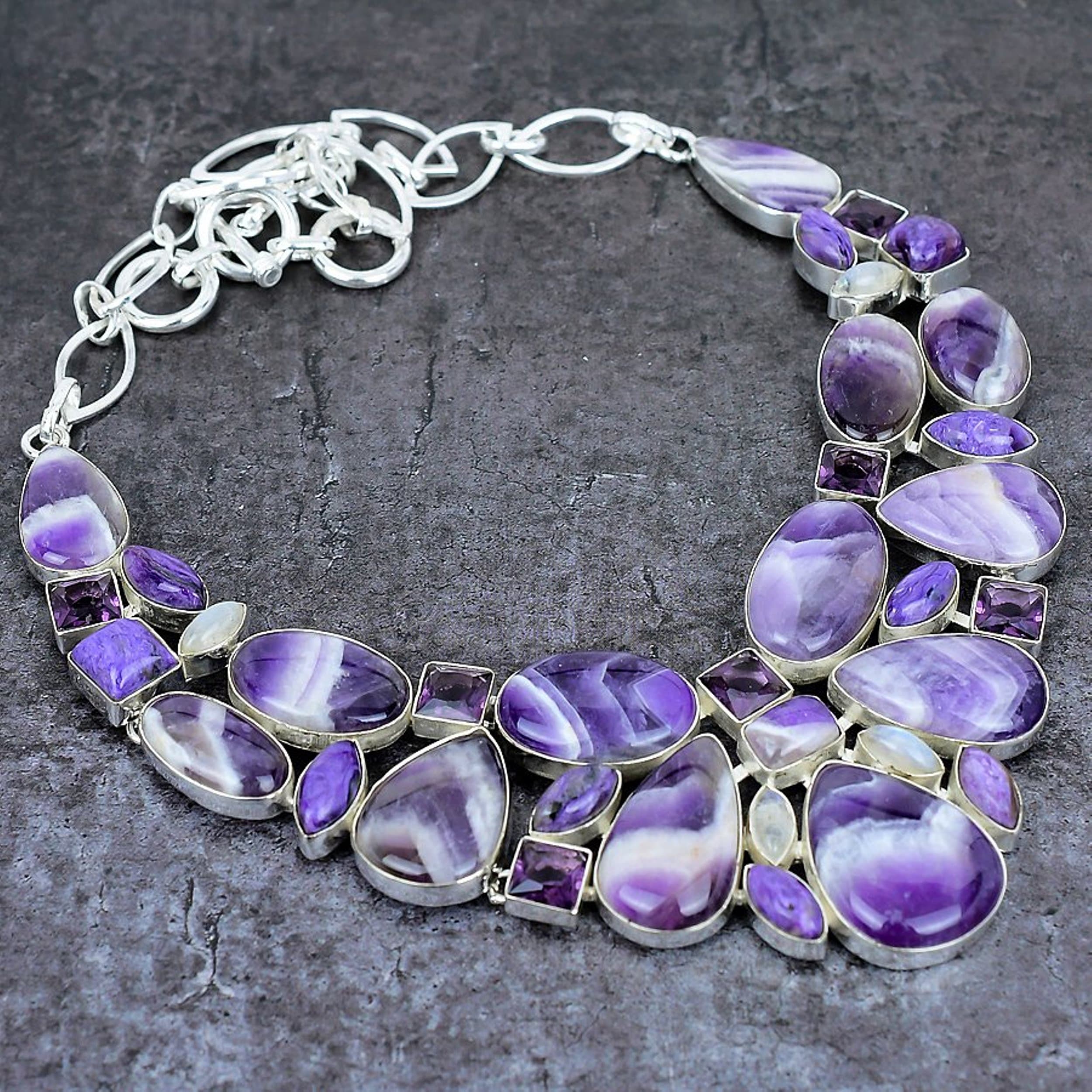 Amethyst Lace Agate Charoite Moonstone Silver Plated Necklace, Unique Designer Jewelry, Chunky Necklace, Bib Necklace, Anniversary Gift