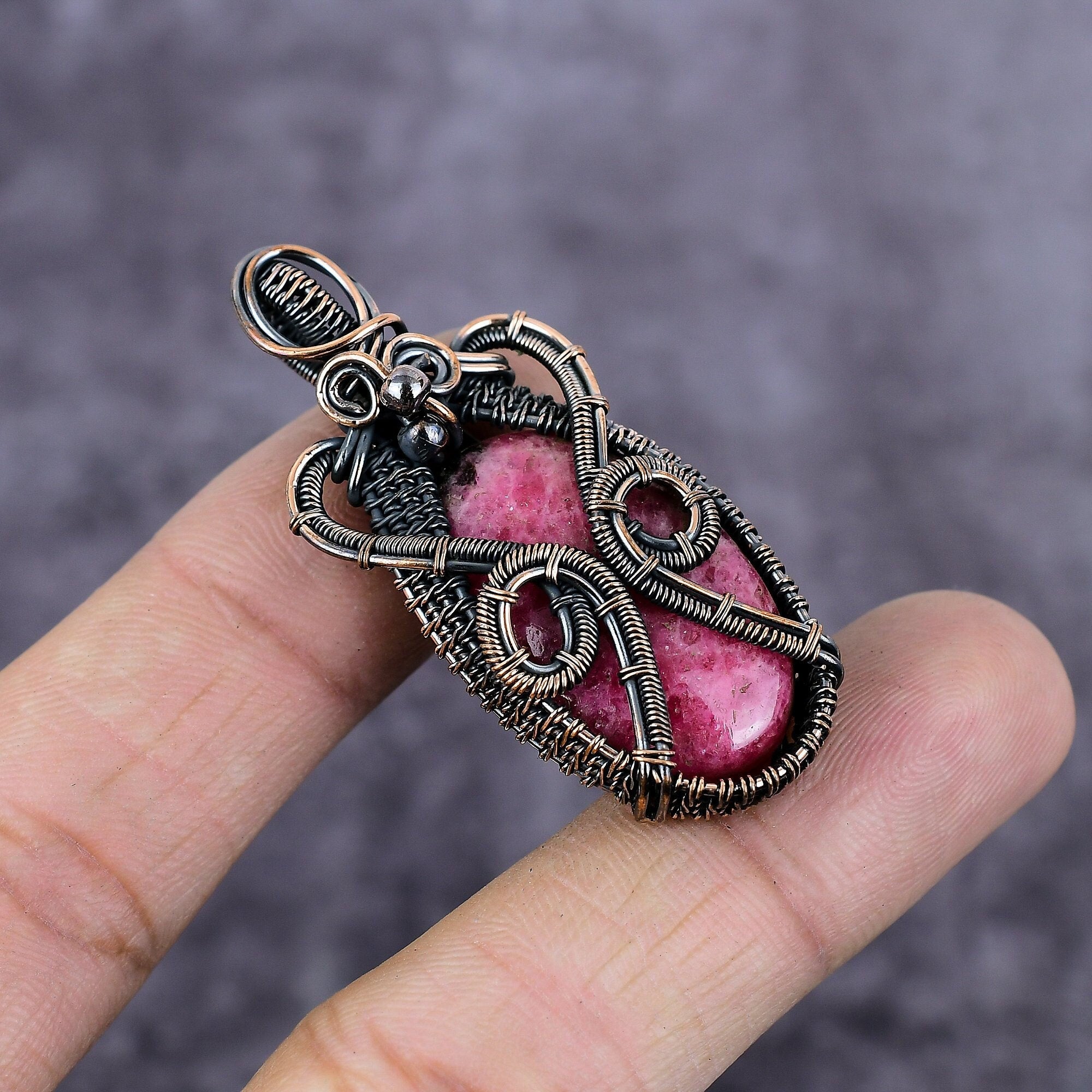 Rhodonite Copper Wire Wrapped Pendant, Gemstone Jewelry, Rhodonite Jewelry, Copper Pendant, Boho Pendant, Wire Wrap Jewelry, Gift For Her