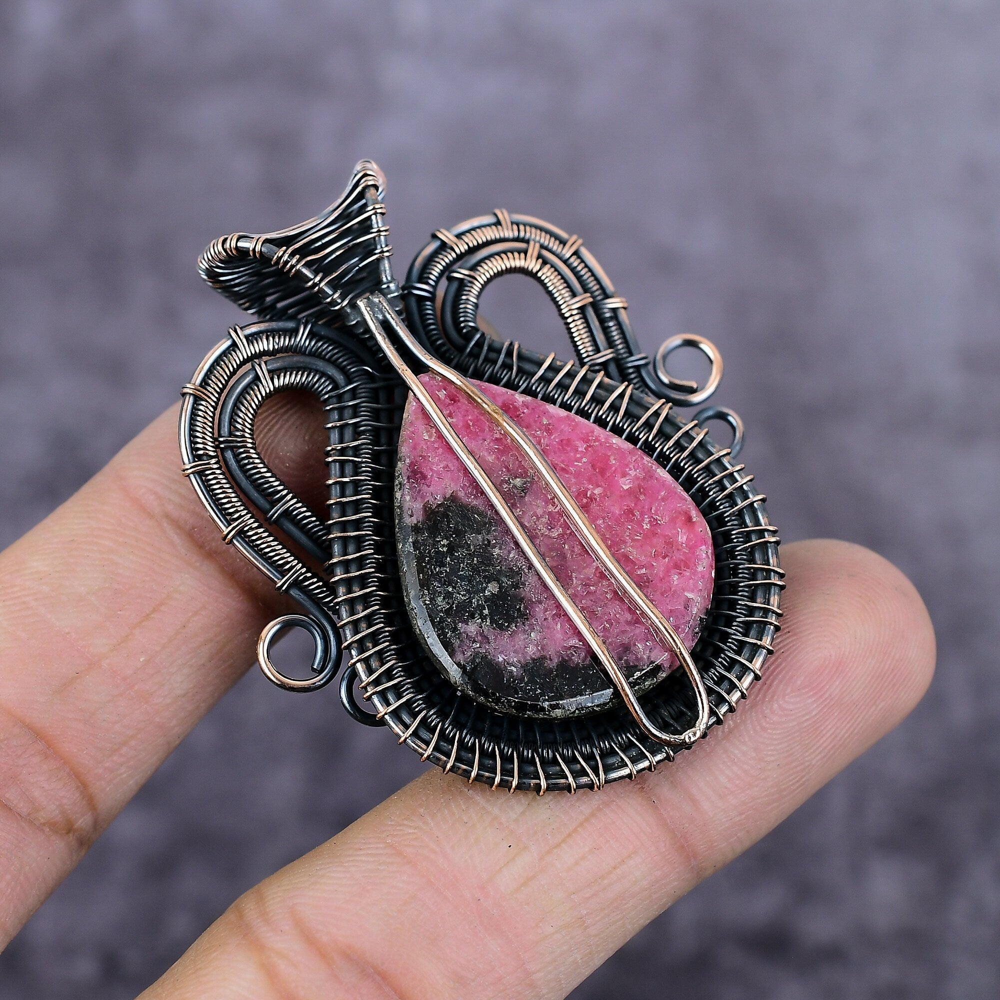 Rhodonite Pendant, Copper Wire Wrapped Pendant, Gemstone Jewelry, Rhodonite Jewelry, Copper Pendant, Boho & Hippie Jewelry, Anniversary Gift