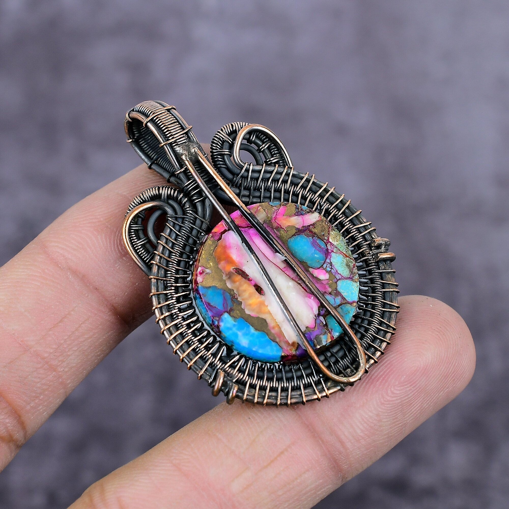 Wire Wrapped Turquoise Pendant, Natural Pink Dahlia Turquoise Jewelry, Copper Wire Wrapped Pendant, Handmade Gemstone Jewelry